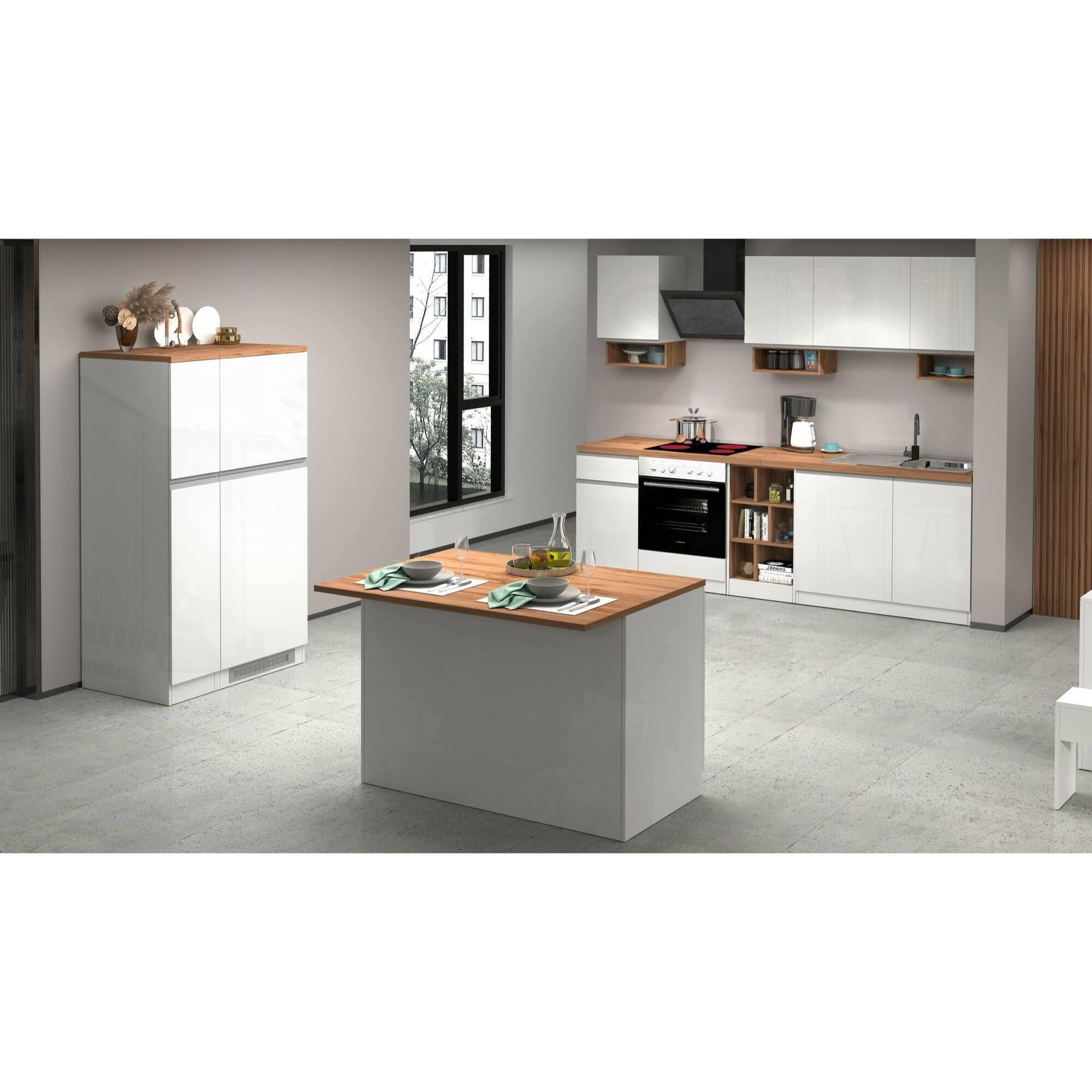 Isola da cucina Daffaticat, Tavolo ausiliario portaoggetti, Mobile da cucina a 2 ante, 100% Made in Italy, 125x90h90 cm, Bianco lucido e Rovere