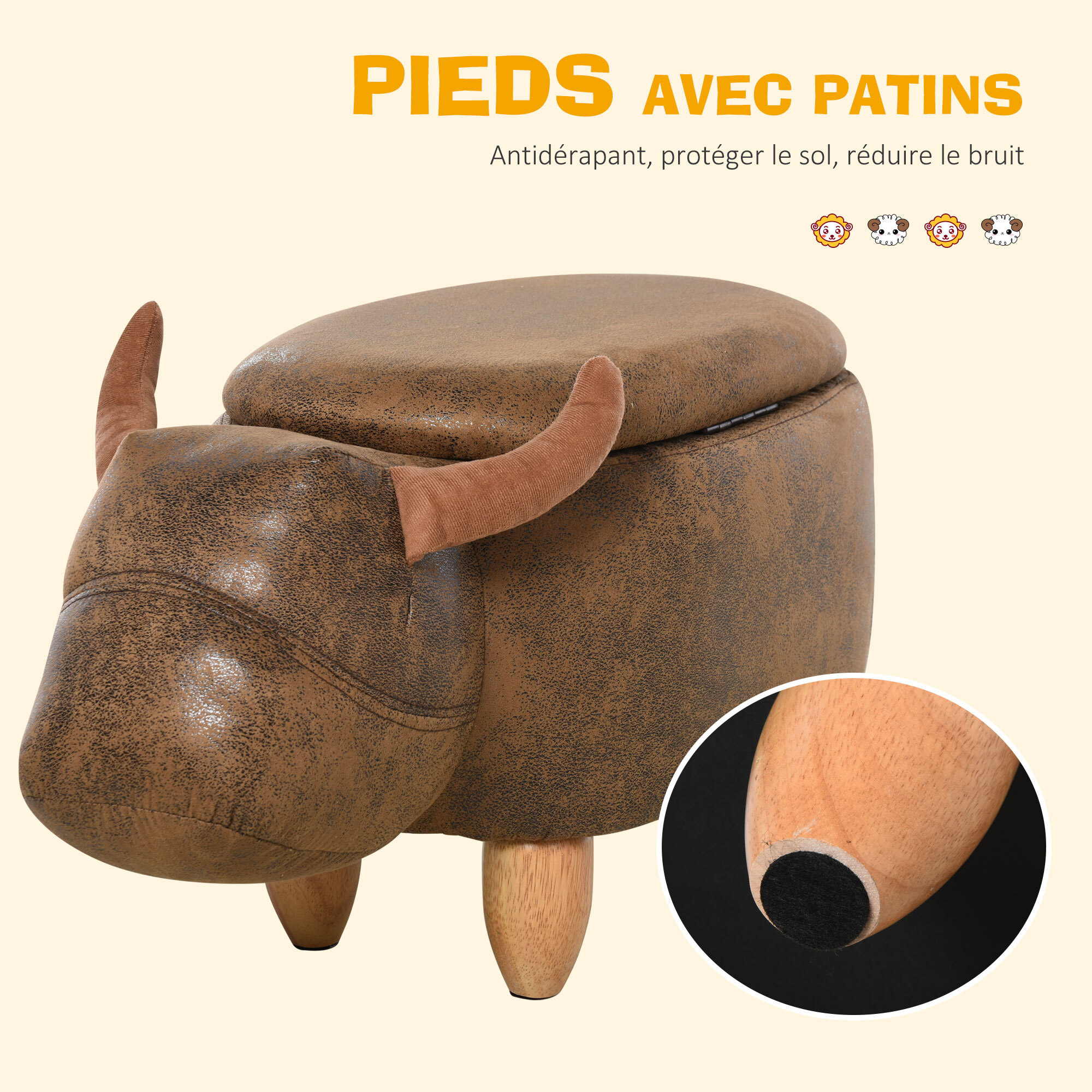 Tabouret vache - pouf vachette - pouf taureau coffre de rangement 2 en 1 - pieds bois d'hévéa revêtement synthétique aspect daim vieilli marron