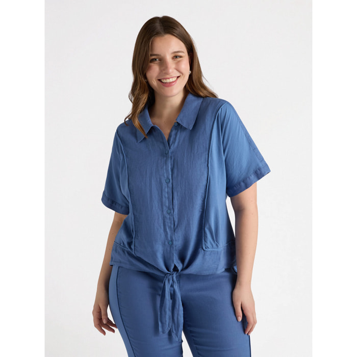Fiorella Rubino - Camicia in lino con nodo al fondo - Blu
