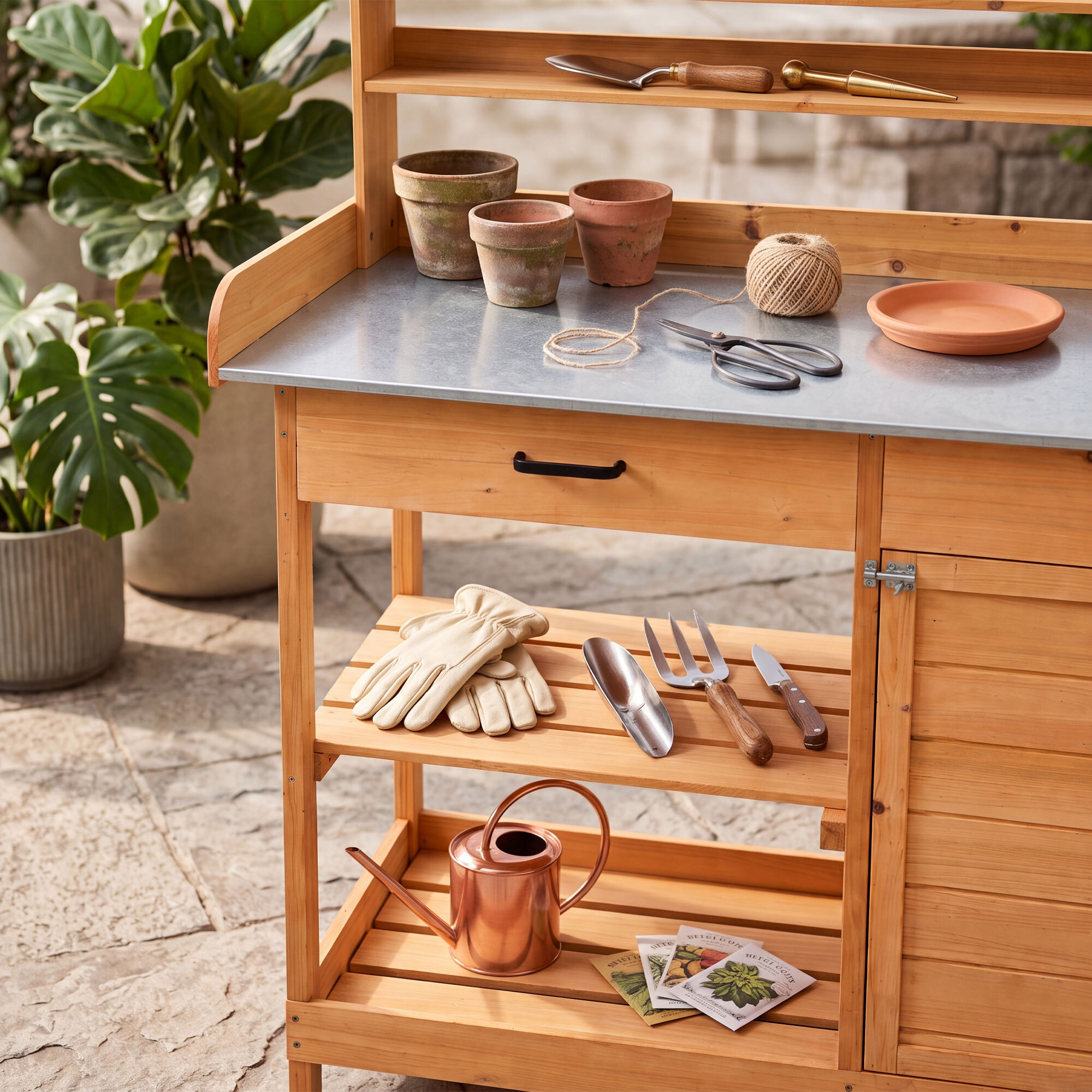 Gröunden - Tavolo da Lavoro per Giardinaggio 102x125x41,4 cm con Ripiano in Metallo e Armadietto in Legno massello