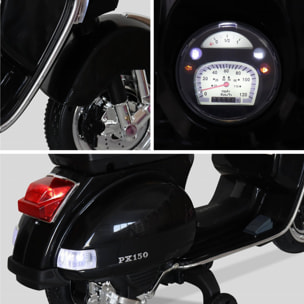 Vespa noire PX150. scooter électrique pour enfants 12V 4.5Ah. 1 place avec autoradio