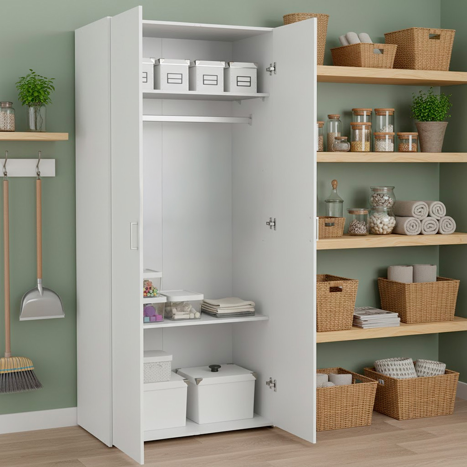 Armadio Multiuso Con 2 Ante Battenti Armadietto Design Moderno Salvaspazio Vano Con Barra Appendiabiti E Ripiani 77.6 x 49.52 x 175.4 Cm Bianco