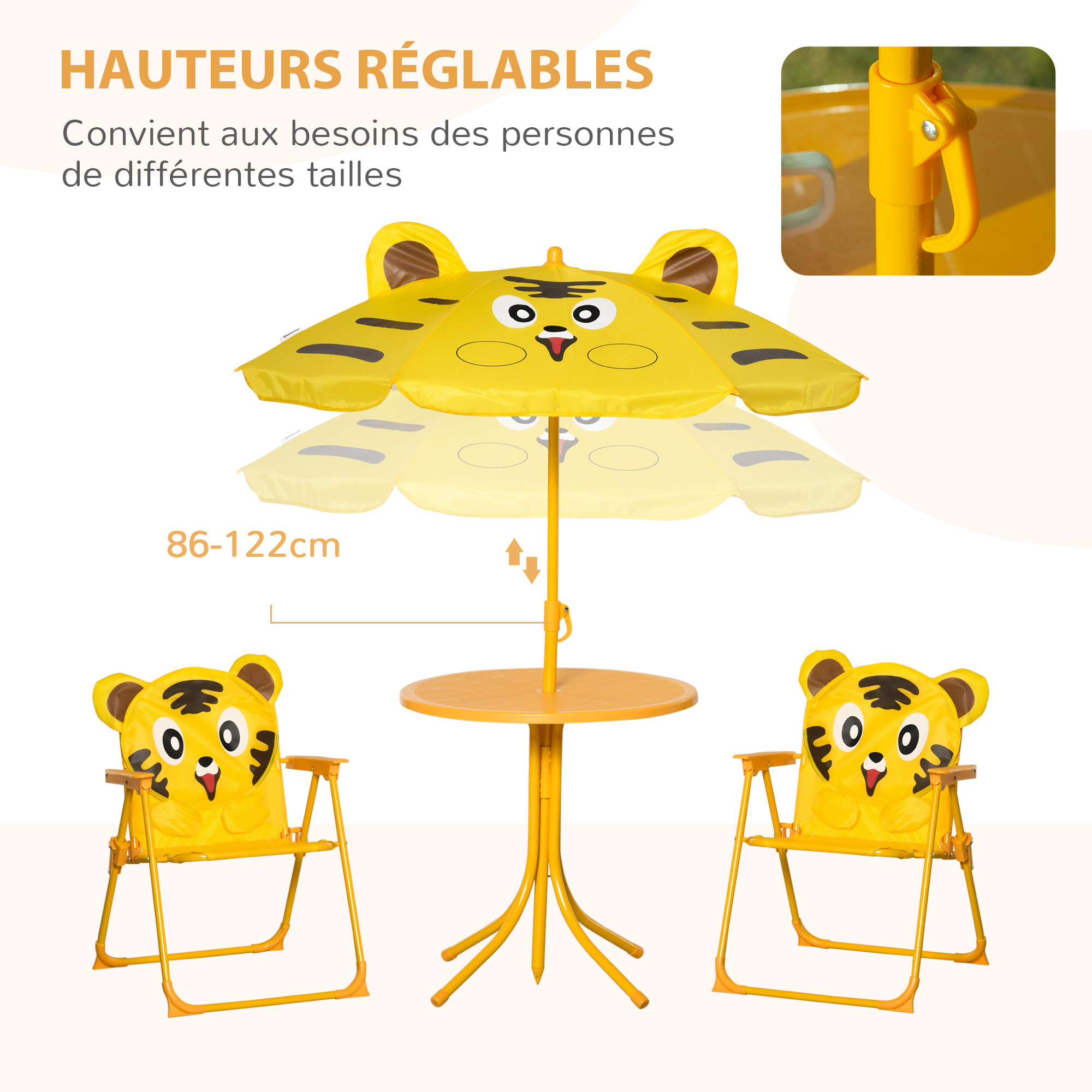Ensemble salon de jardin enfant 4 pcs design tigre - table ronde + 2 chaises pliables + parasol - métal époxy oxford jaune