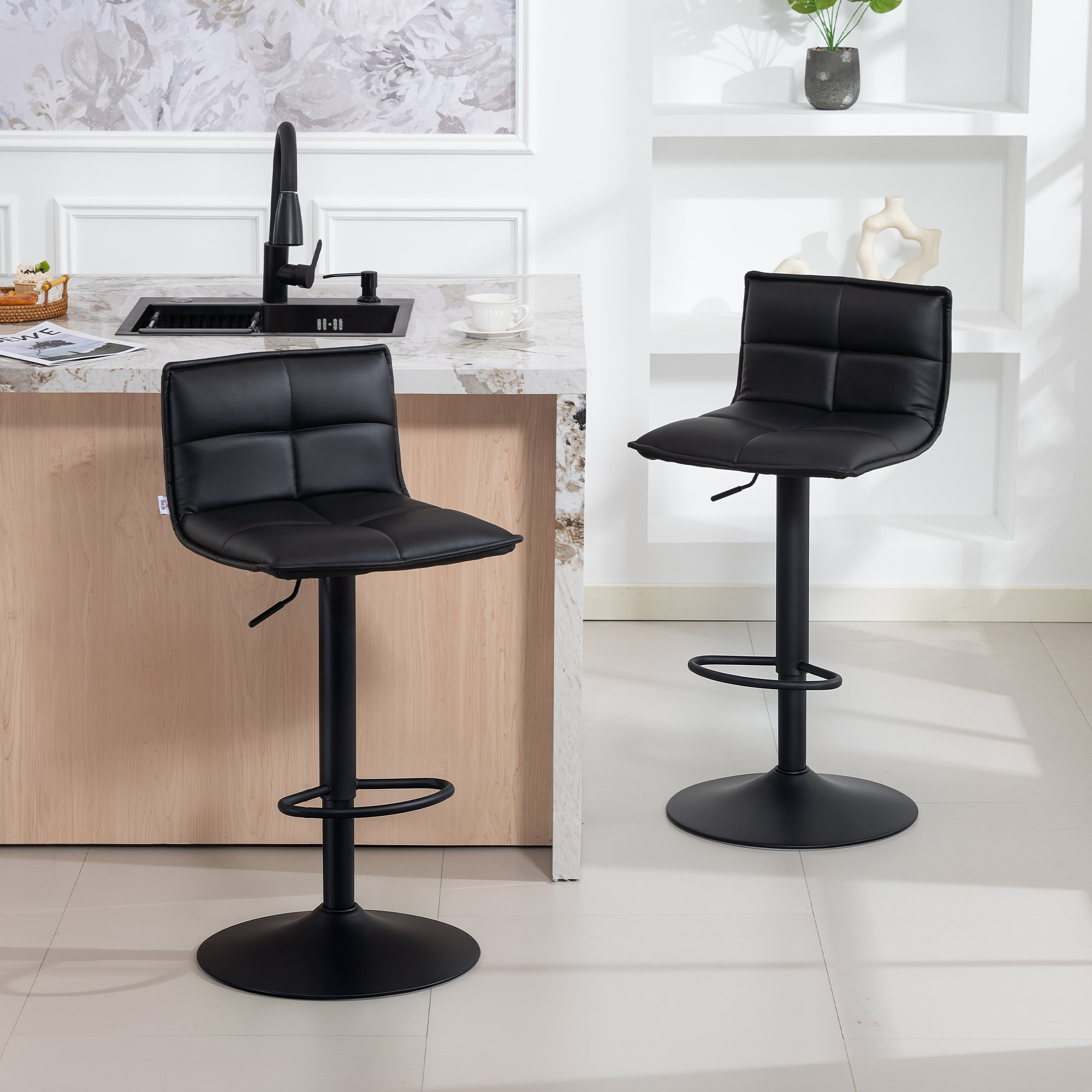 Lot de 2 tabourets de bar réglable en hauteur assise pivotant PU noir