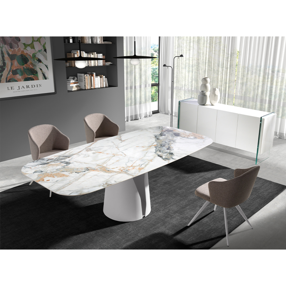 Mesa comedor Angel Cerdá ovalada barril con tapa fija de mármol porcelánico blanco con vetas en tonalidades grises y marrones en acabado brillo 238x110x76cm