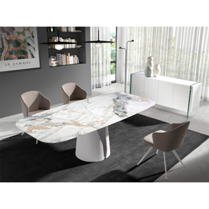 Mesa comedor Angel Cerdá ovalada barril con tapa fija de mármol porcelánico blanco con vetas en tonalidades grises y marrones en acabado brillo 238x110x76cm