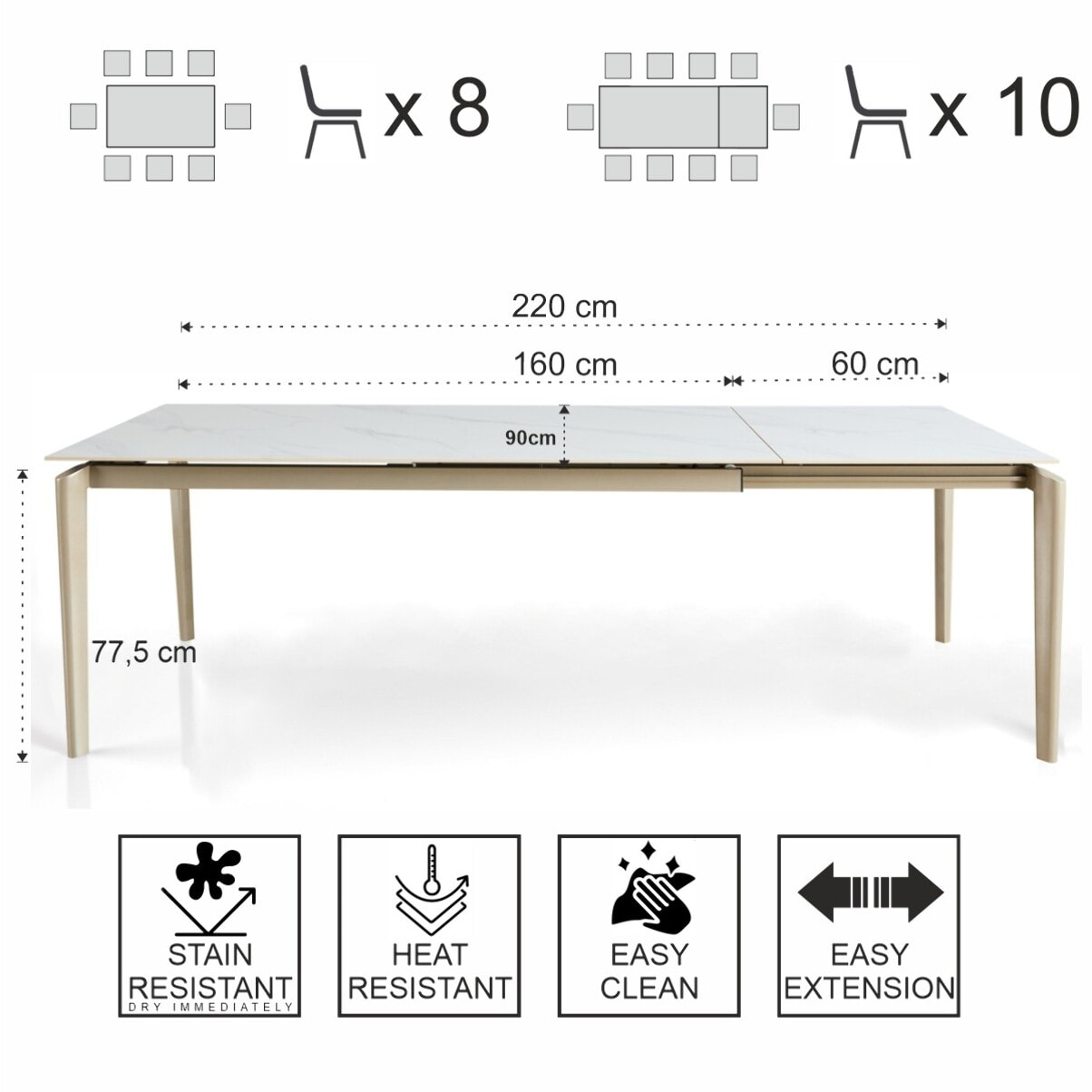 Table à manger extensible Tomasucci WIDE, en céramique effet marbre blanc, 160/220 × 90 × 77,5 cm