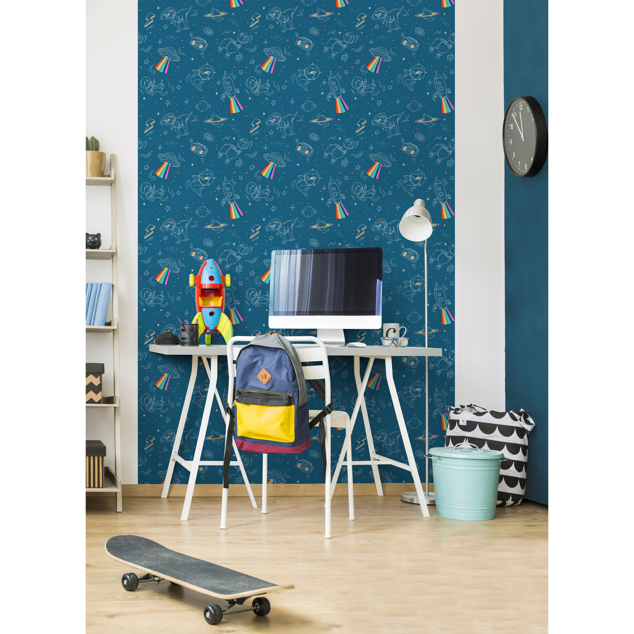 Papier peint enfant espace dinosaures fond bleu