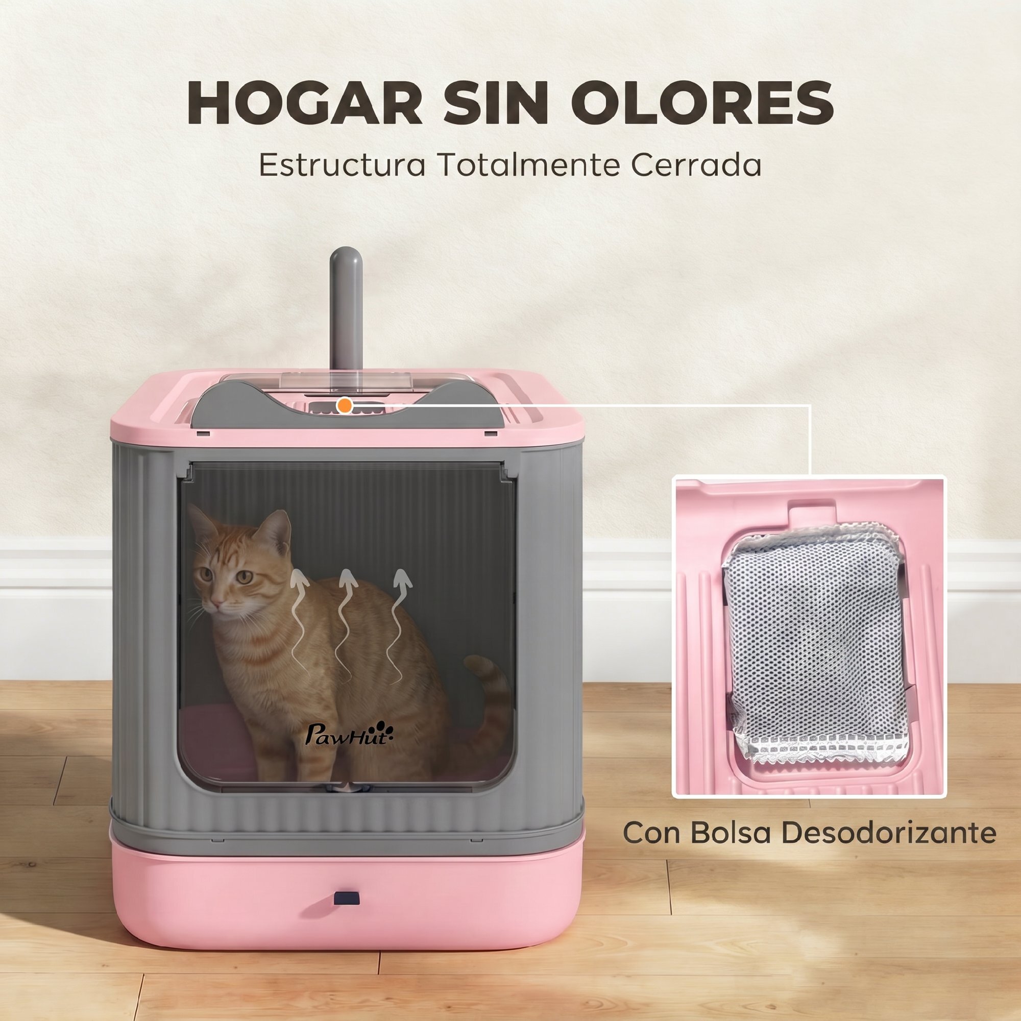 Arenero para Gatos Cubierto M, Caja de Arena para Gatos Medianos, Arenero con Tapa Abatible, Entrada Frontal, Salida Superior, Pala, Bolsas Desodorantes, Fácil de Limpiar, Antifugas, Rosa