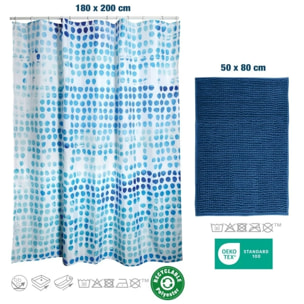 Lot d'un rideau de douche Watercolor MSV et d'un tapis chenille bleu foncé