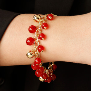 Bracciale Catena Rolo Martellata in Argento 925 placcato Oro Giallo 18kt con Ciondoli in Quarzite Rossa Sfaccettata