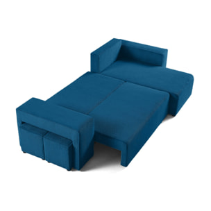 Topaze - canapé d'angle réversible 4 places - convertible avec coffre, tablette et poufs - en velours côtelé - Bleu