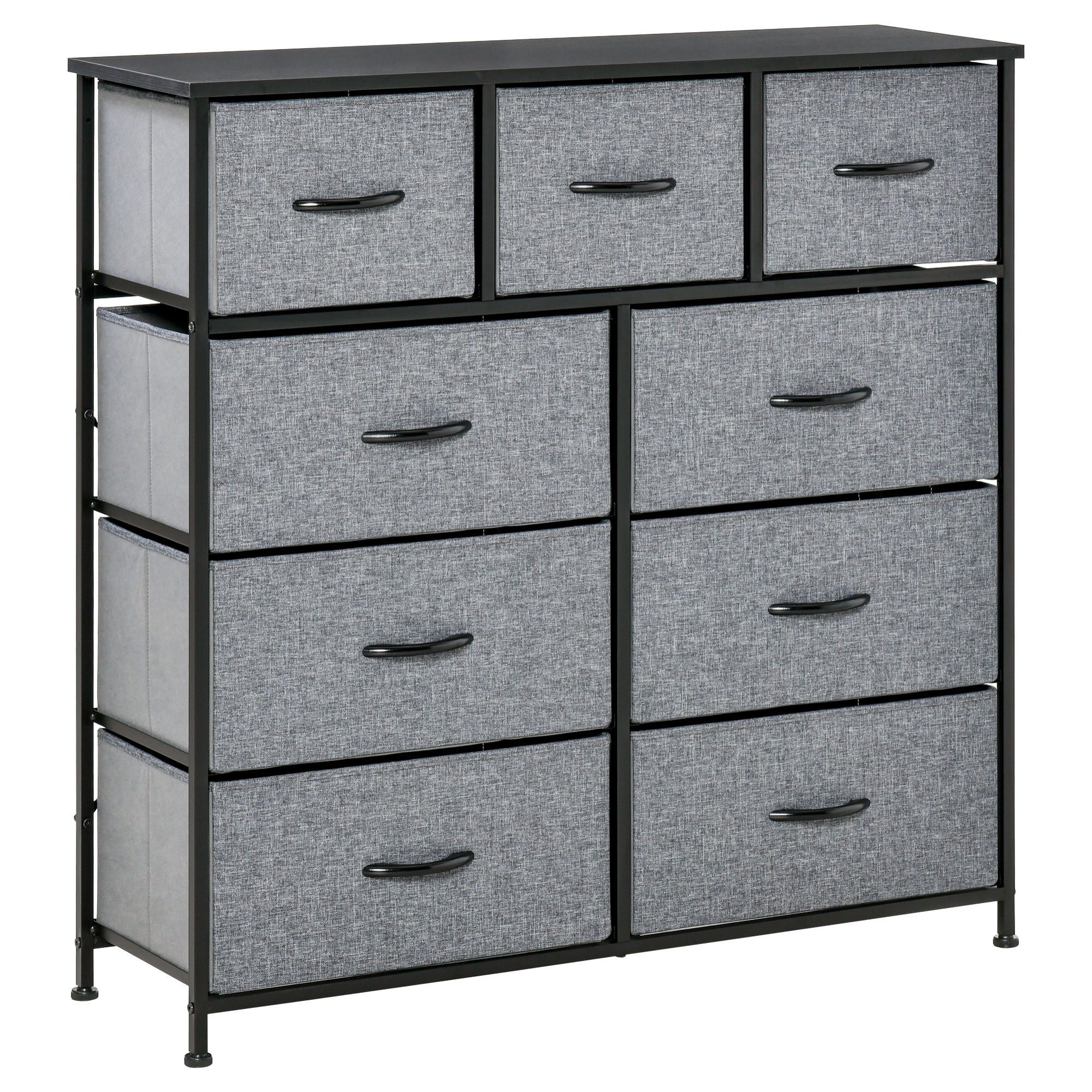 Meuble de rangement commode 9 tiroirs plateau acier MDF noir non tissé gris