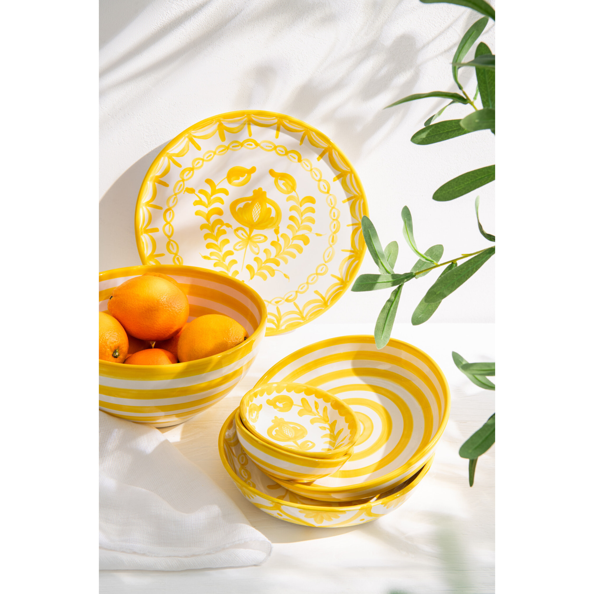 J-Line bol Granada Stripes High - céramique - blanc/jaune - large - Ø 28 cm