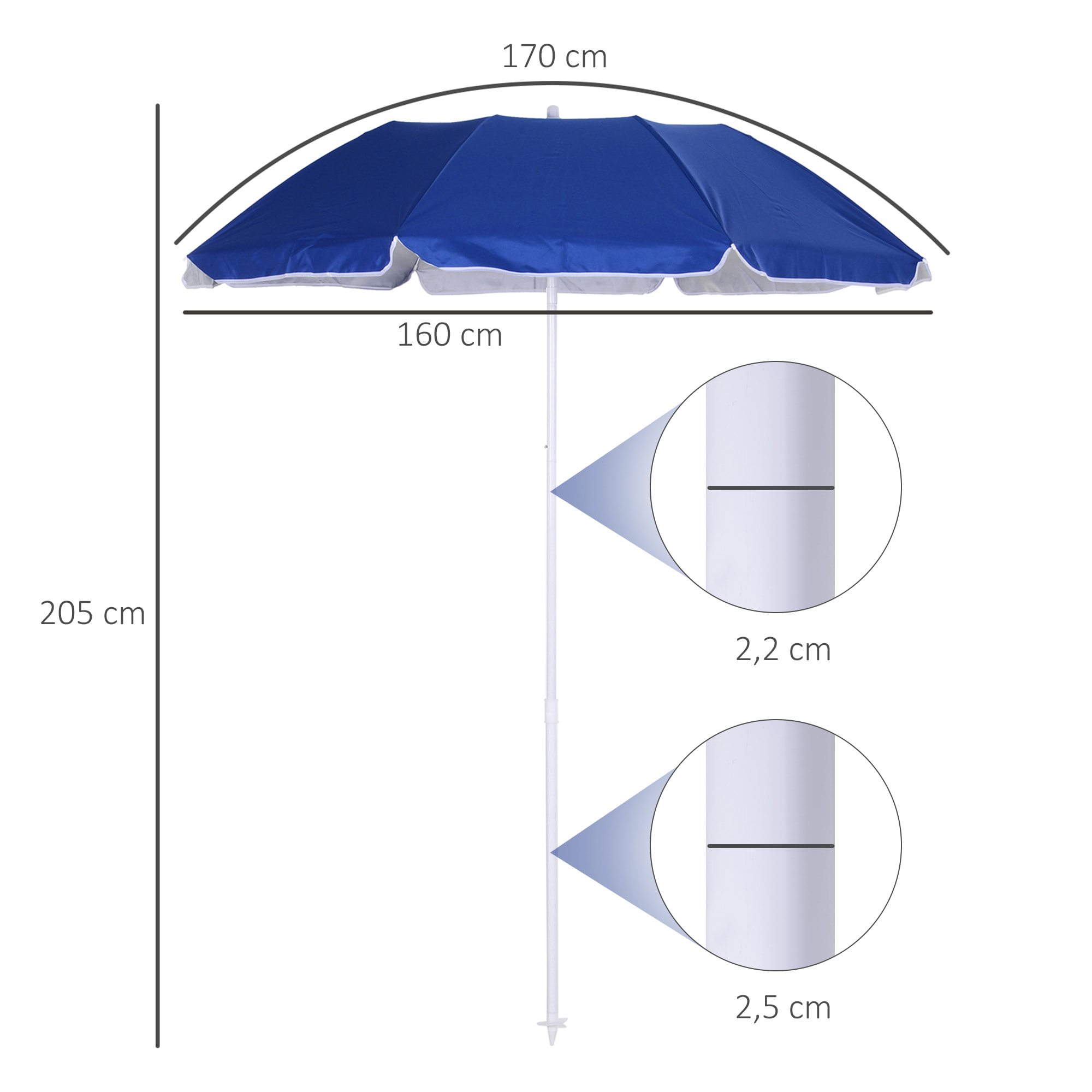Sombrilla de Playa Grande Ø160 cm Sombrilla de Terraza Exterior con Ángulo Ajustable Protección UV Impermeable y Bolsa de Transporte Azul