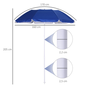 Sombrilla de Playa Grande Ø160 cm Sombrilla de Terraza Exterior con Ángulo Ajustable Protección UV Impermeable y Bolsa de Transporte Azul