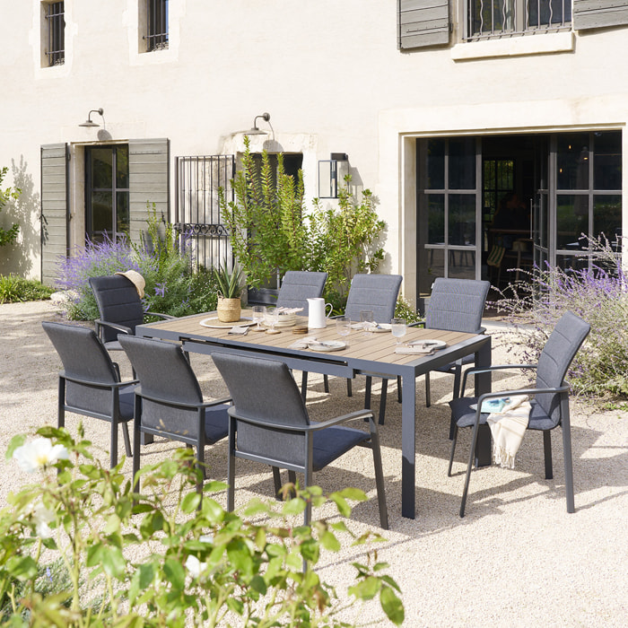Table de jardin extensible "Évasion" effet bois honey & graphite 8 places lates en aluminium