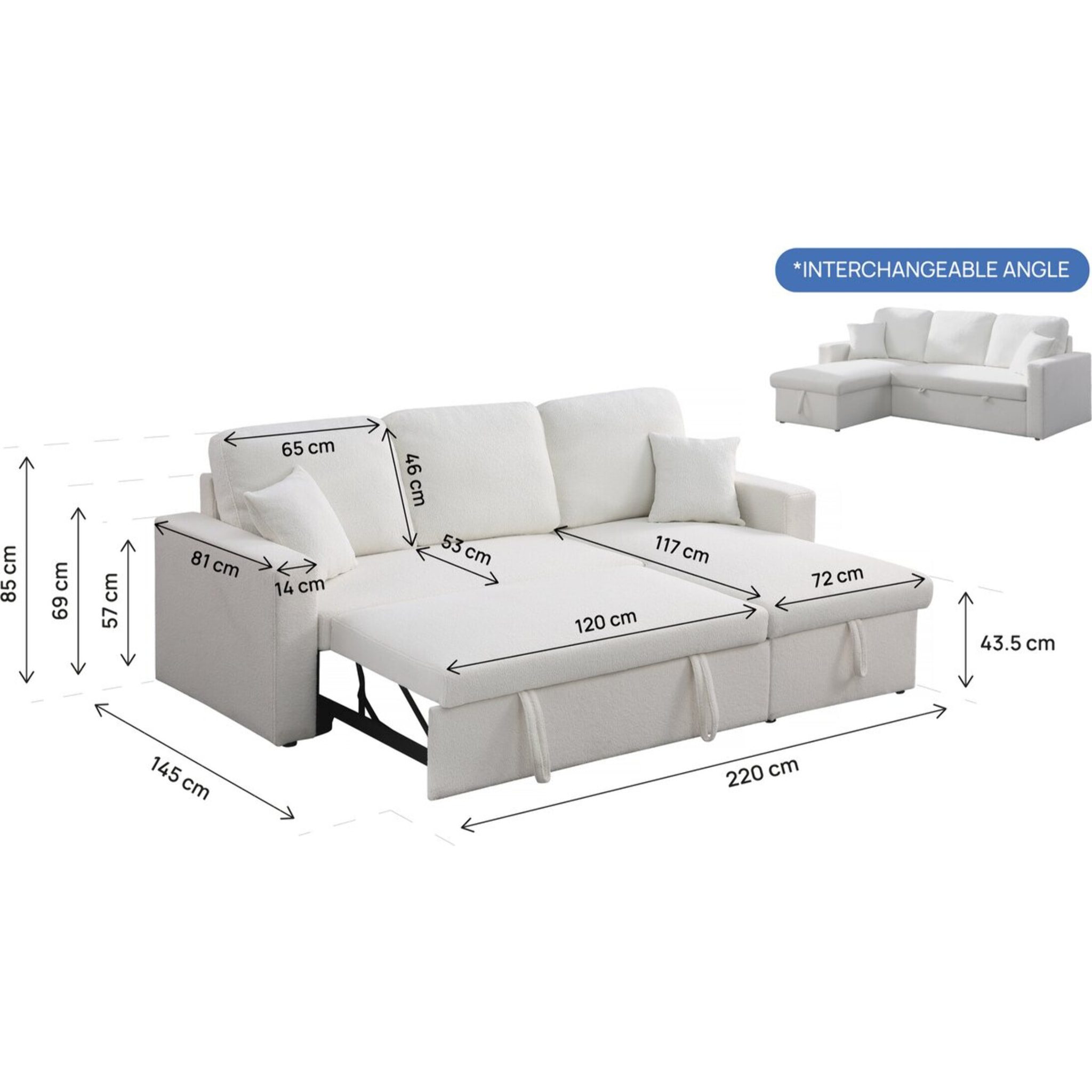 Canapé d'angle convertible/reversible avec coffre "Alain" - 3 places - Bouclettes -  Blanc