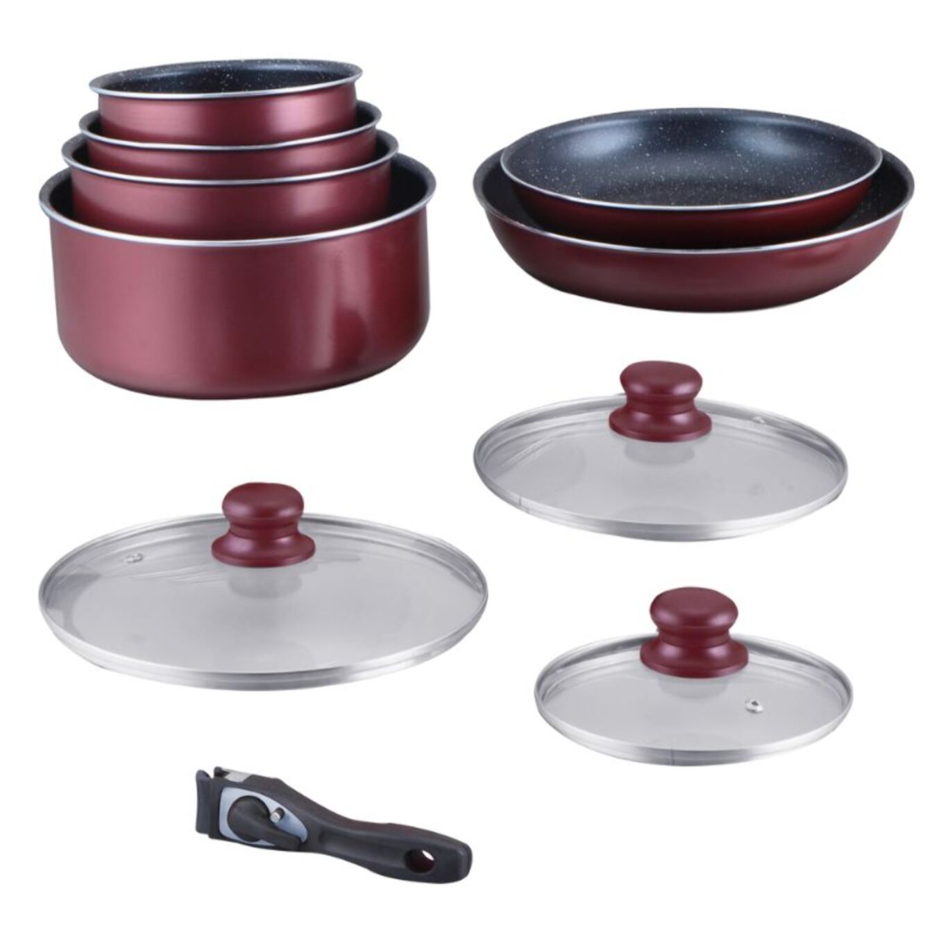 Batterie de cuisine revêtement pierre avec manche amovible 10 pieces Bordeaux Hagen HA04647-BR