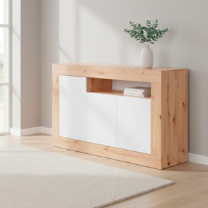 Credenza Moderna Madia A Terra Con 3 Ante Vano A Giorno E Ripiani Interni Mobile Contenitore In Melaminico Antigraffio 144x42x87 Cm Rovere e Bianco