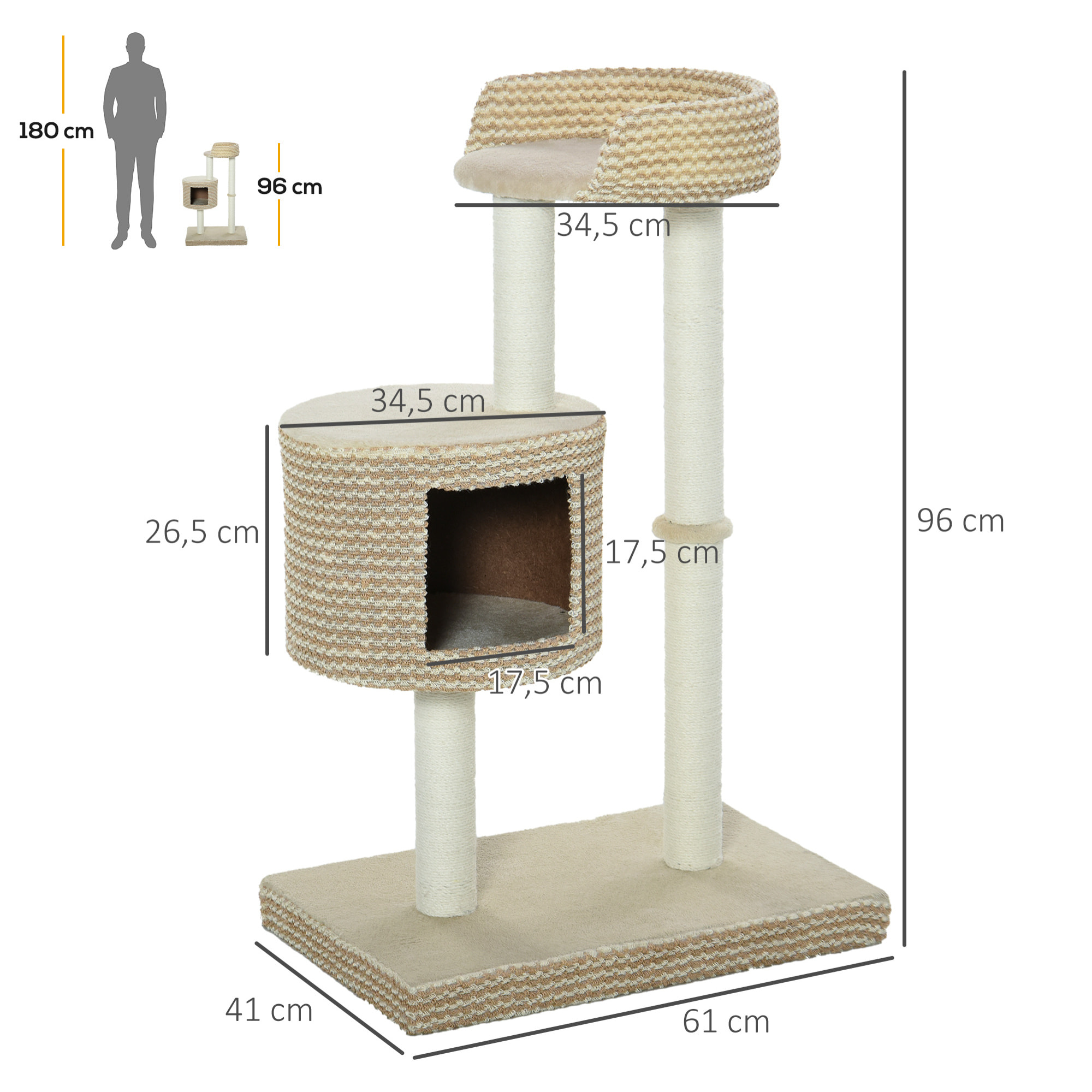 Árbol para Gatos de Felpa y Yute 61x41x96 cm Beige y Café