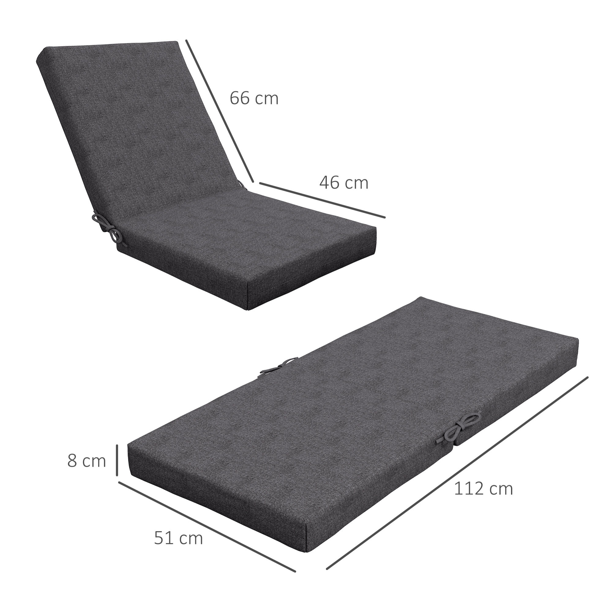 Lot de 2 coussins galettes de chaise de jardin - dim. 112L x 51l x ép. 8 cm - cordons attache - polyester déperlant anthracite