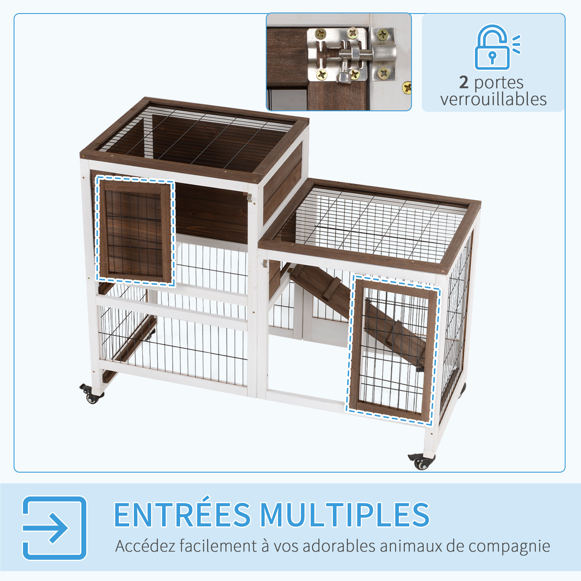 Clapier à lapin sur roulettes cage à lapin 2 étages 2 portes verrouillables 2 plateaux coulissants rampe bois de sapin marron blanc