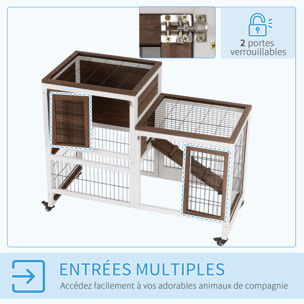 Clapier à lapin sur roulettes cage à lapin 2 étages 2 portes verrouillables 2 plateaux coulissants rampe bois de sapin marron blanc