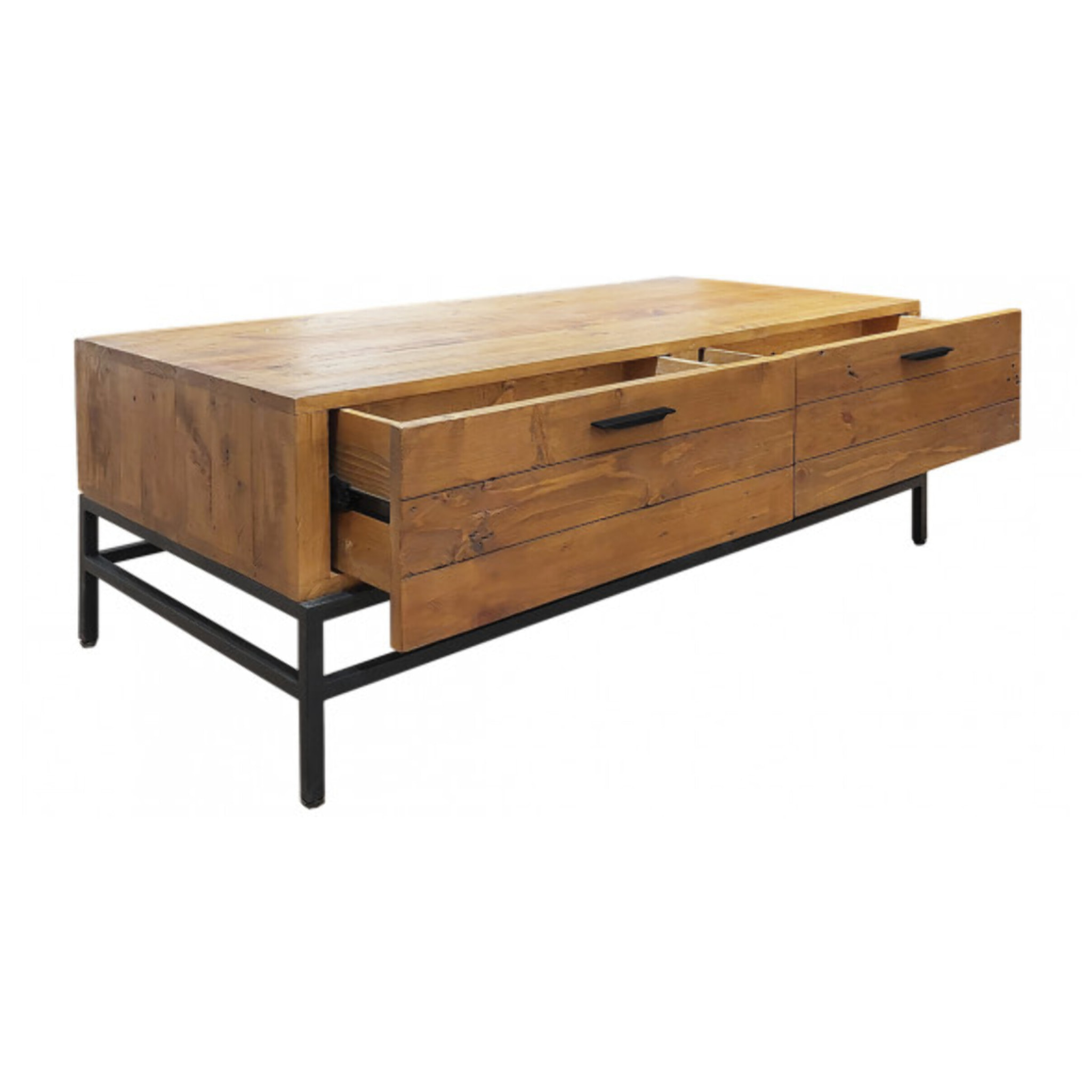 Table basse en bois de pin et métal noir 4 tiroirs - INDUS