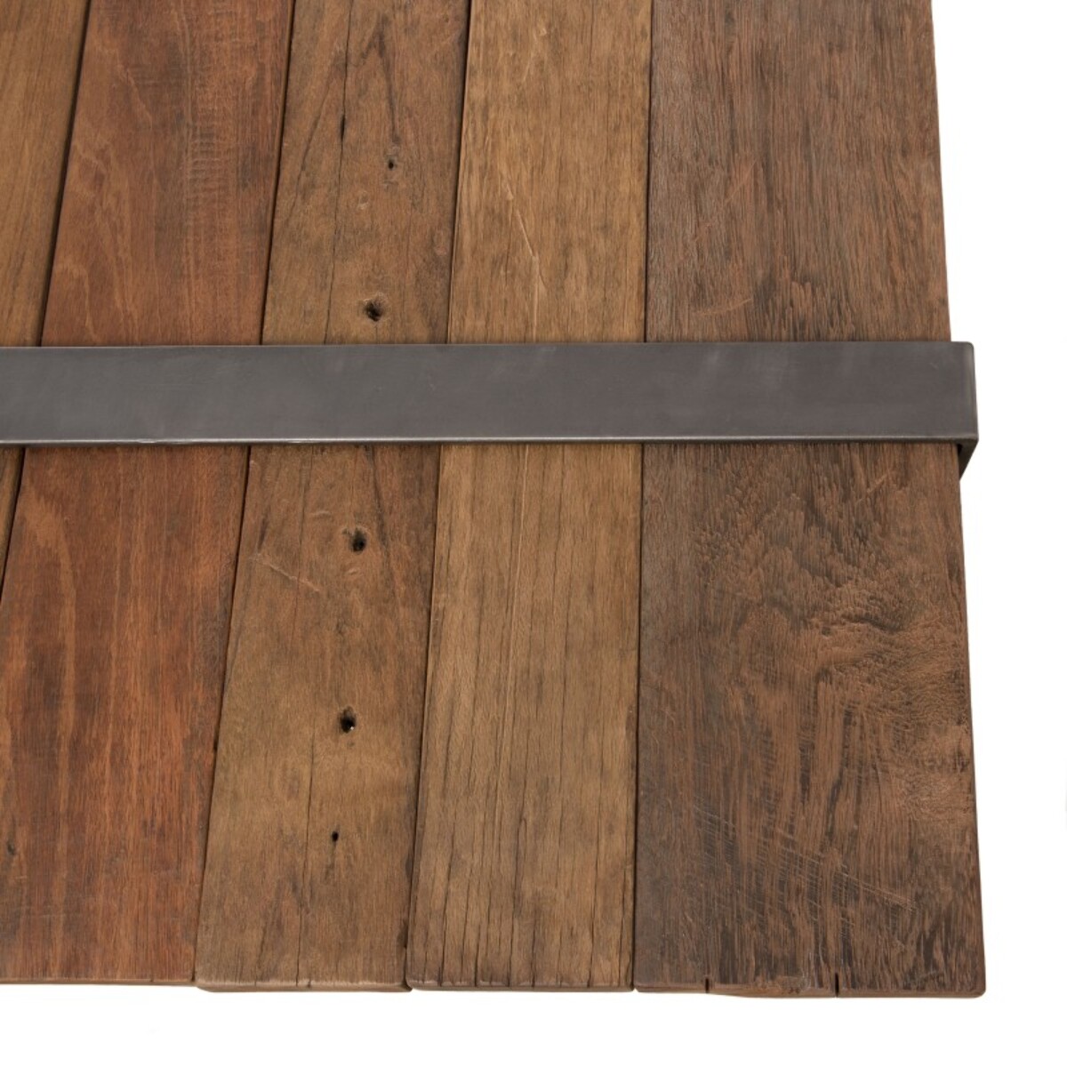 MATHIS - Table basse multi-planches marron bois massif cerclée métal gris anthracite