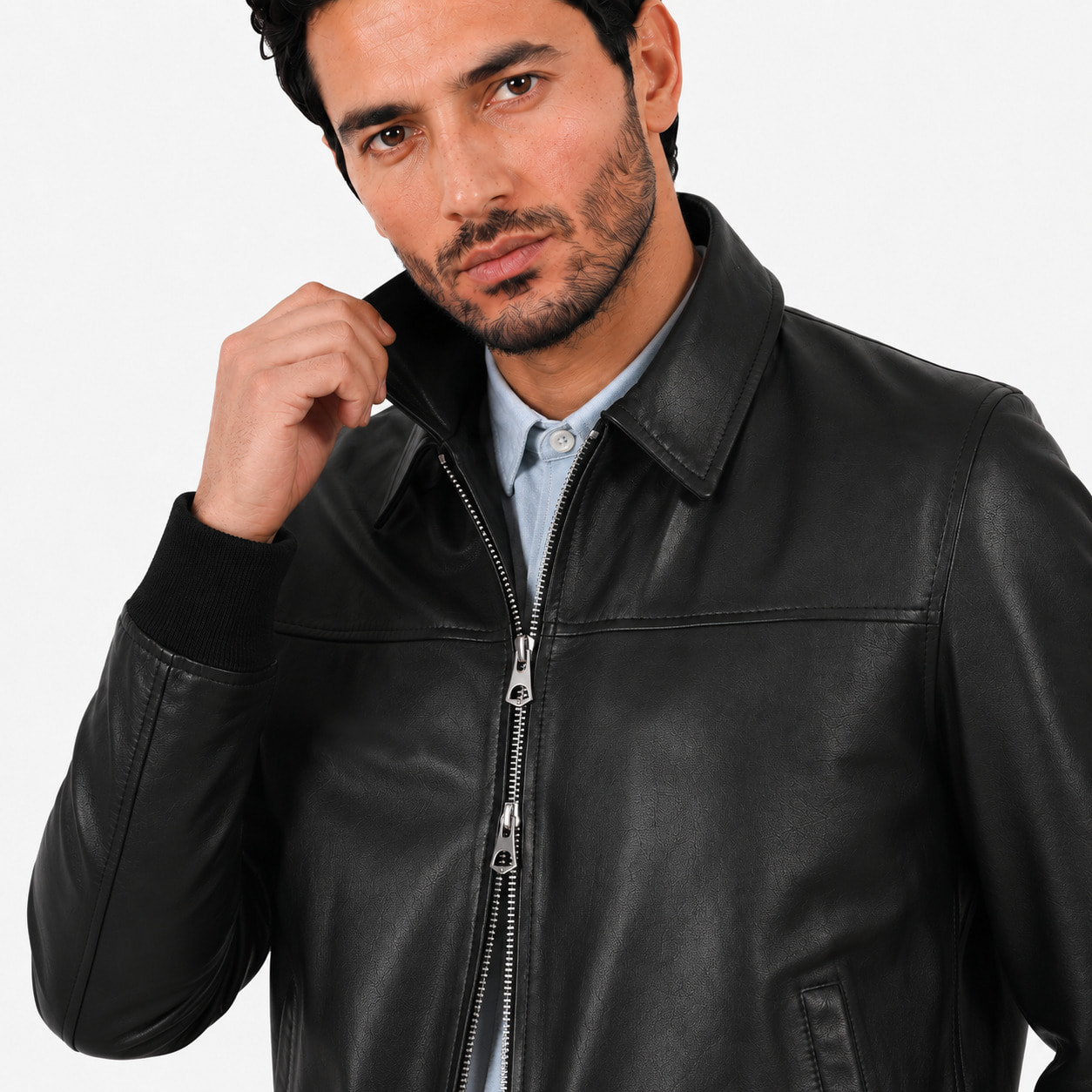 Giubbino in vera pelle di vitello Nero-Slim Fit