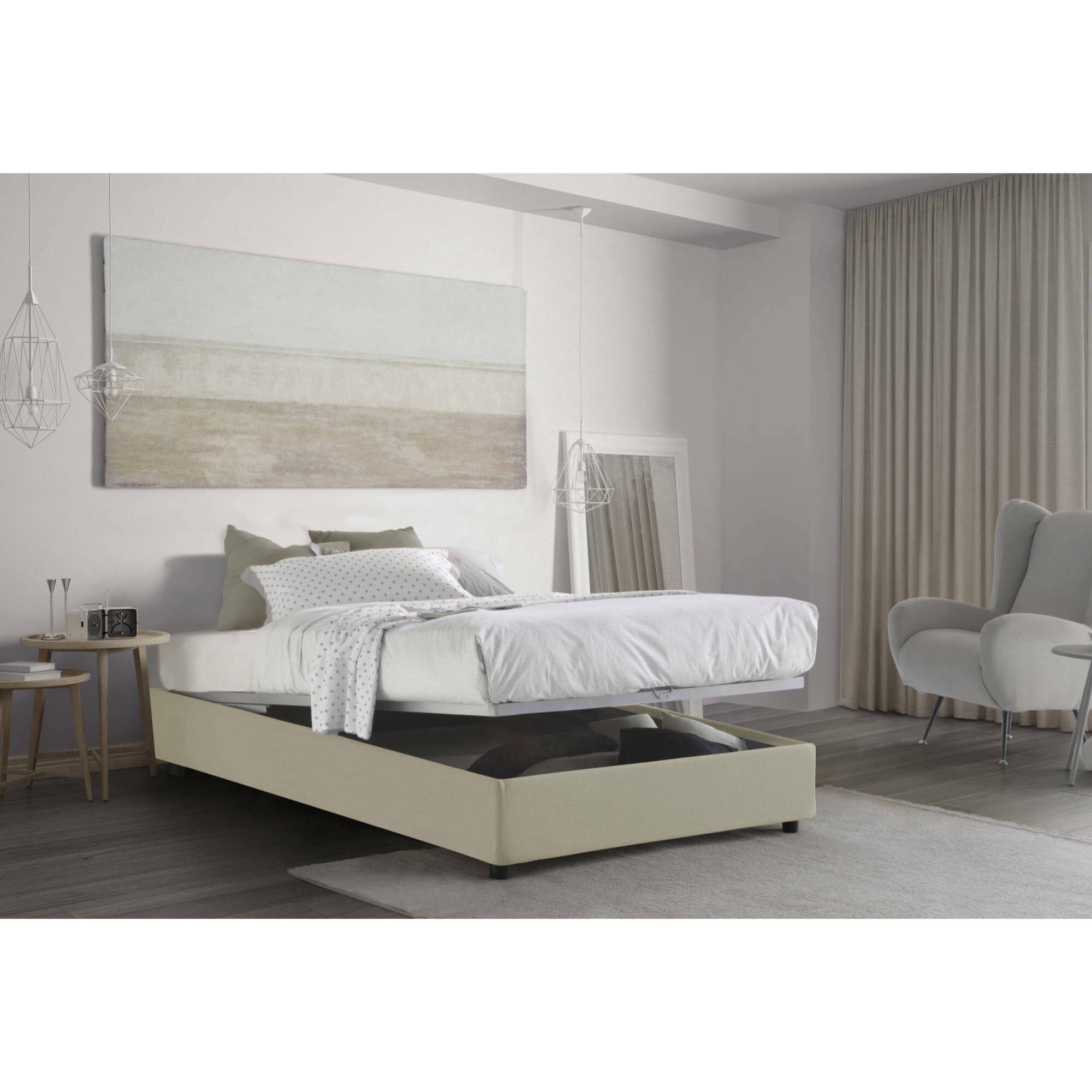 Letto piazza e mezza Abici, Letto contenitore con rivestimento in tessuto, 100% Made in Italy, Apertura frontale, con materasso Cm 120x200 incluso, Beige