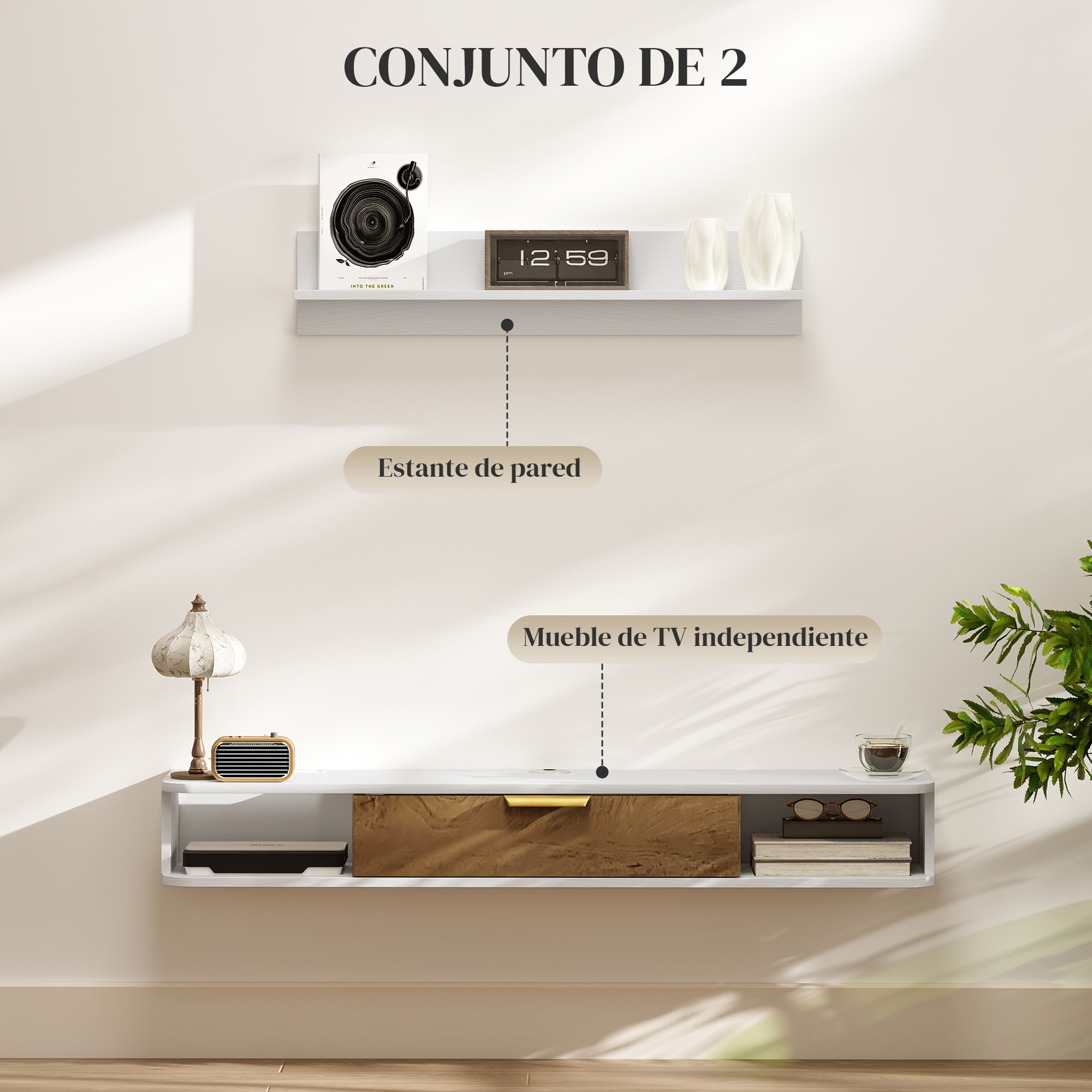 Mueble de Salón Mueble de Comedor con Estante de Pared Mueble de TV Armario Compartimentos Orificios para Cables para Televisión de Pared 120x24x16 cm Blanco