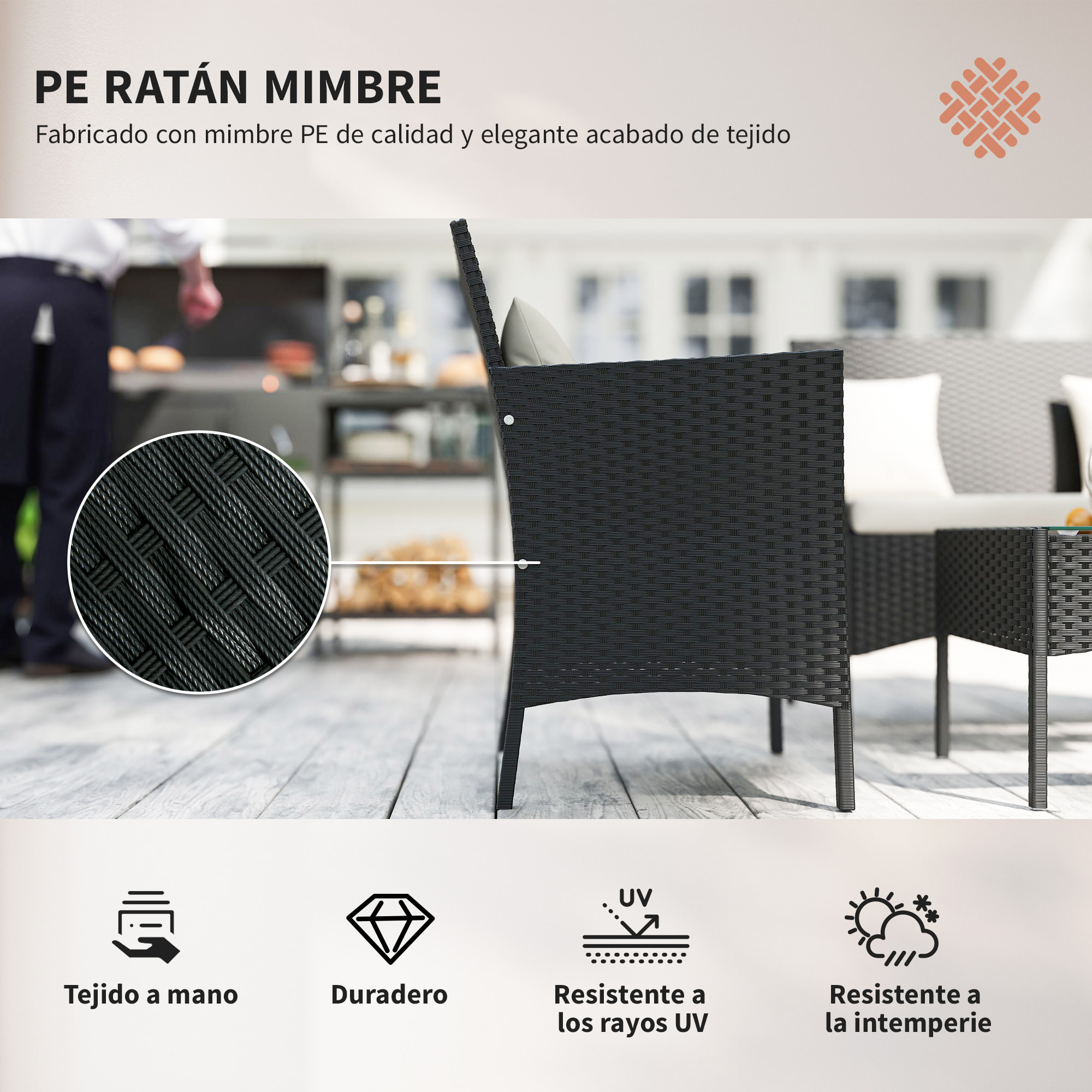 Conjunto de Jardín de Ratá¡n Sintá©tico Juego de 4 Piezas Muebles de Jardín con 2 Sillones 1 Sofá¡ de 2 Plazas 1 Mesa de Centro con Tablero de Vidrio y Cojines Negro y Crema