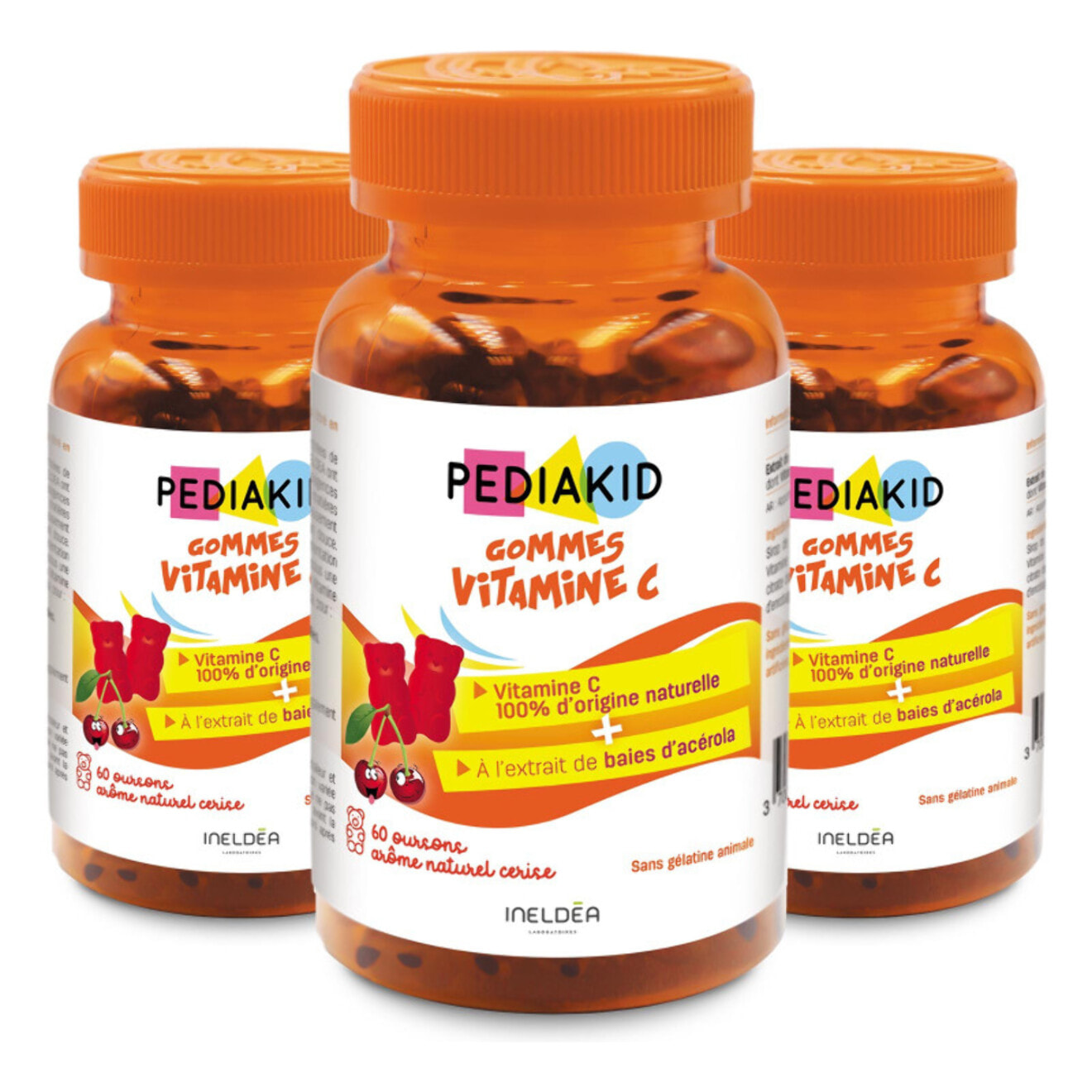 PEDIAKID - Gommes Vitamine C - Formule Naturelle au Délicieux Arôme de Cerise - Contribue à Réduire la Fatigue - Soutient le Métabolisme Énergétique et les Défenses de l'Organisme - Lot de 3 piluliers