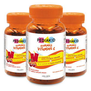 PEDIAKID - Gommes Vitamine C - Formule Naturelle au Délicieux Arôme de Cerise - Contribue à Réduire la Fatigue - Soutient le Métabolisme Énergétique et les Défenses de l'Organisme - Lot de 3 piluliers