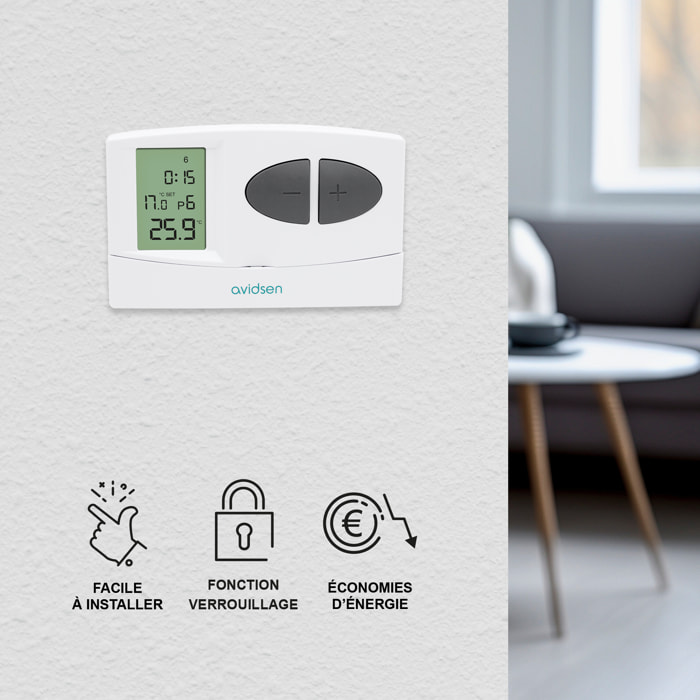 Thermostat programmable filaire pour chauffage ou climatisation - Avidsen - 103954