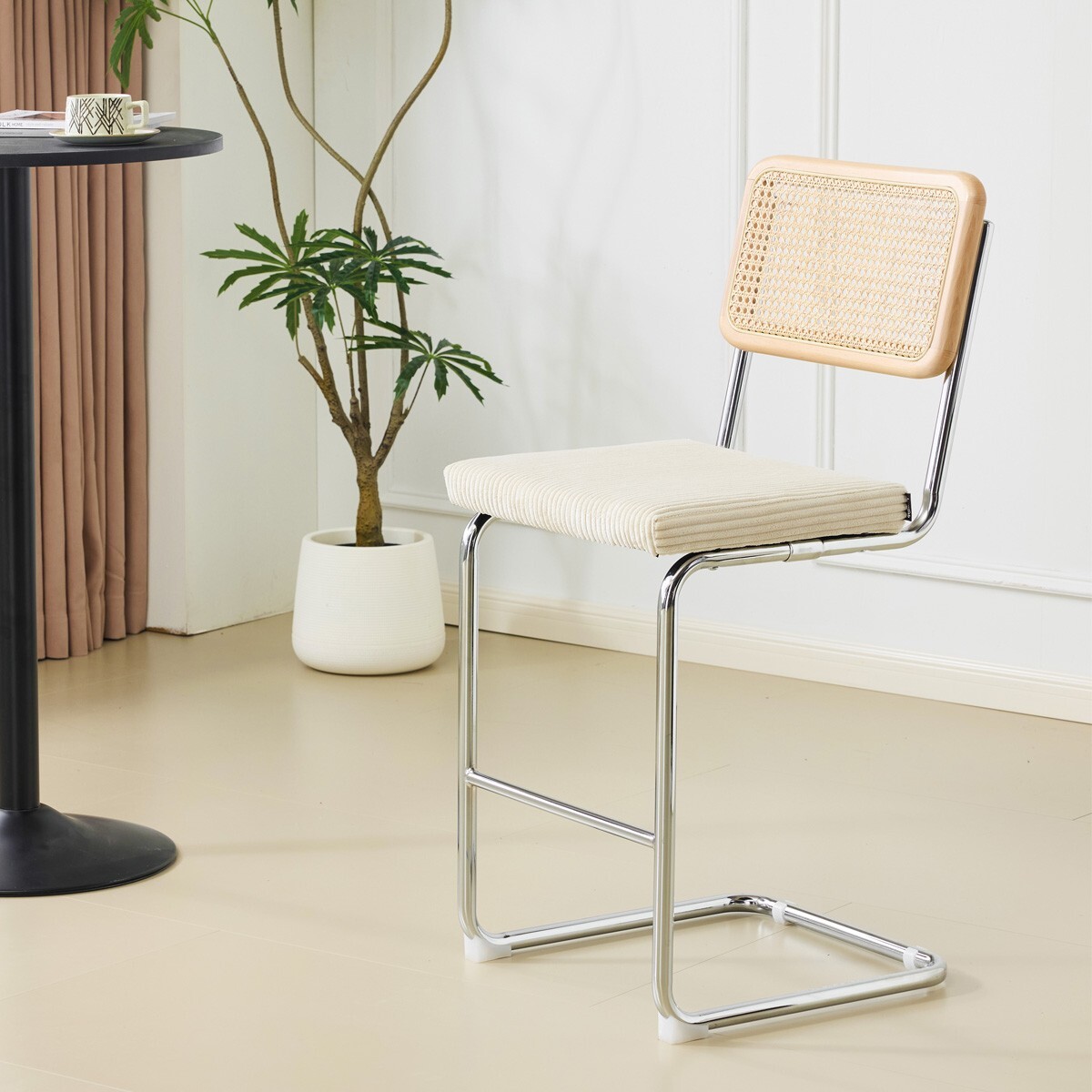 Lot de 2 tabourets de bar en cannage et velours côtelé - MUSE