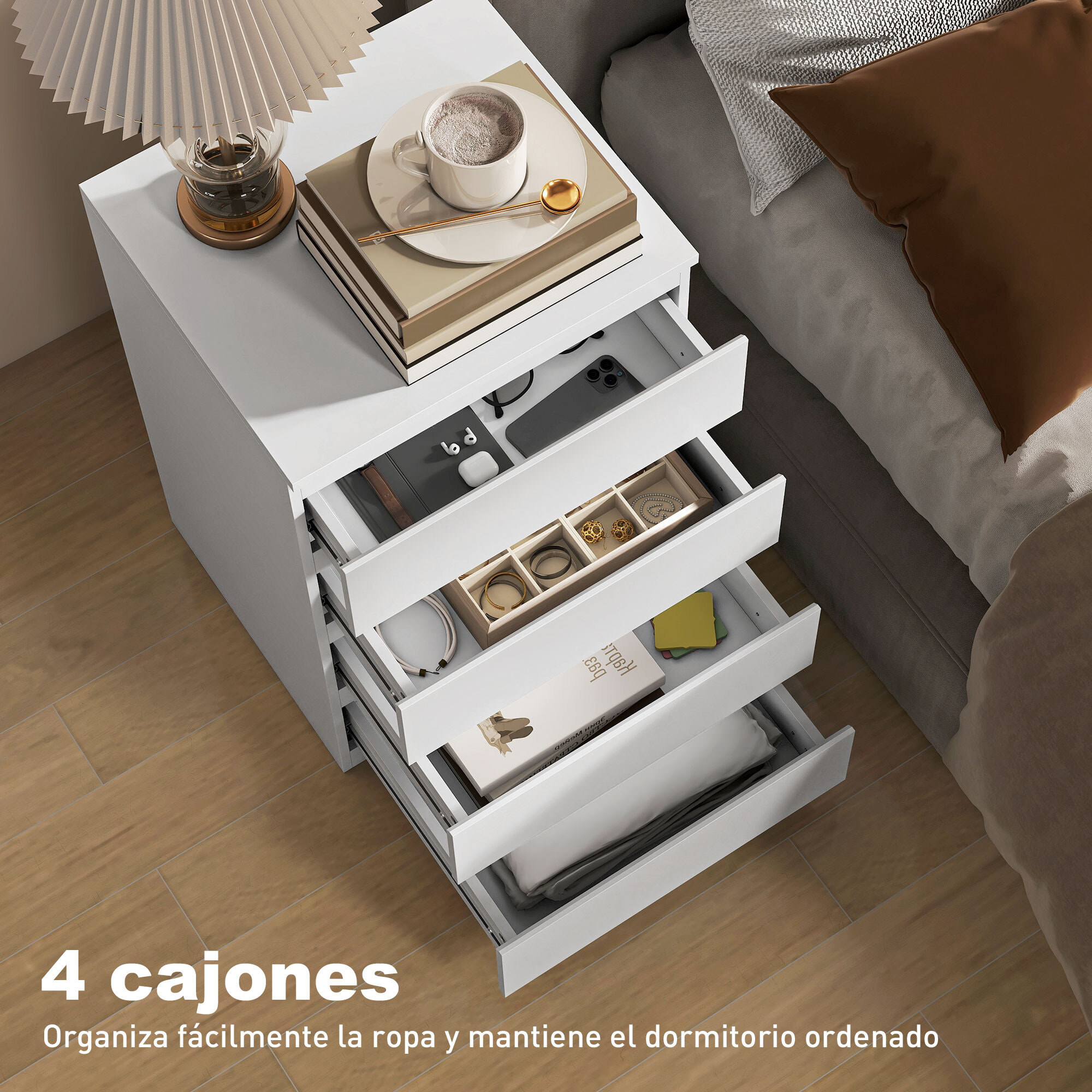 Cómoda 4 Cajones con Cierre Suave, Cómoda Dormitorio, Cajonera para Salón, Oficina, Estilo Moderno, 45x40x68 cm, Blanco
