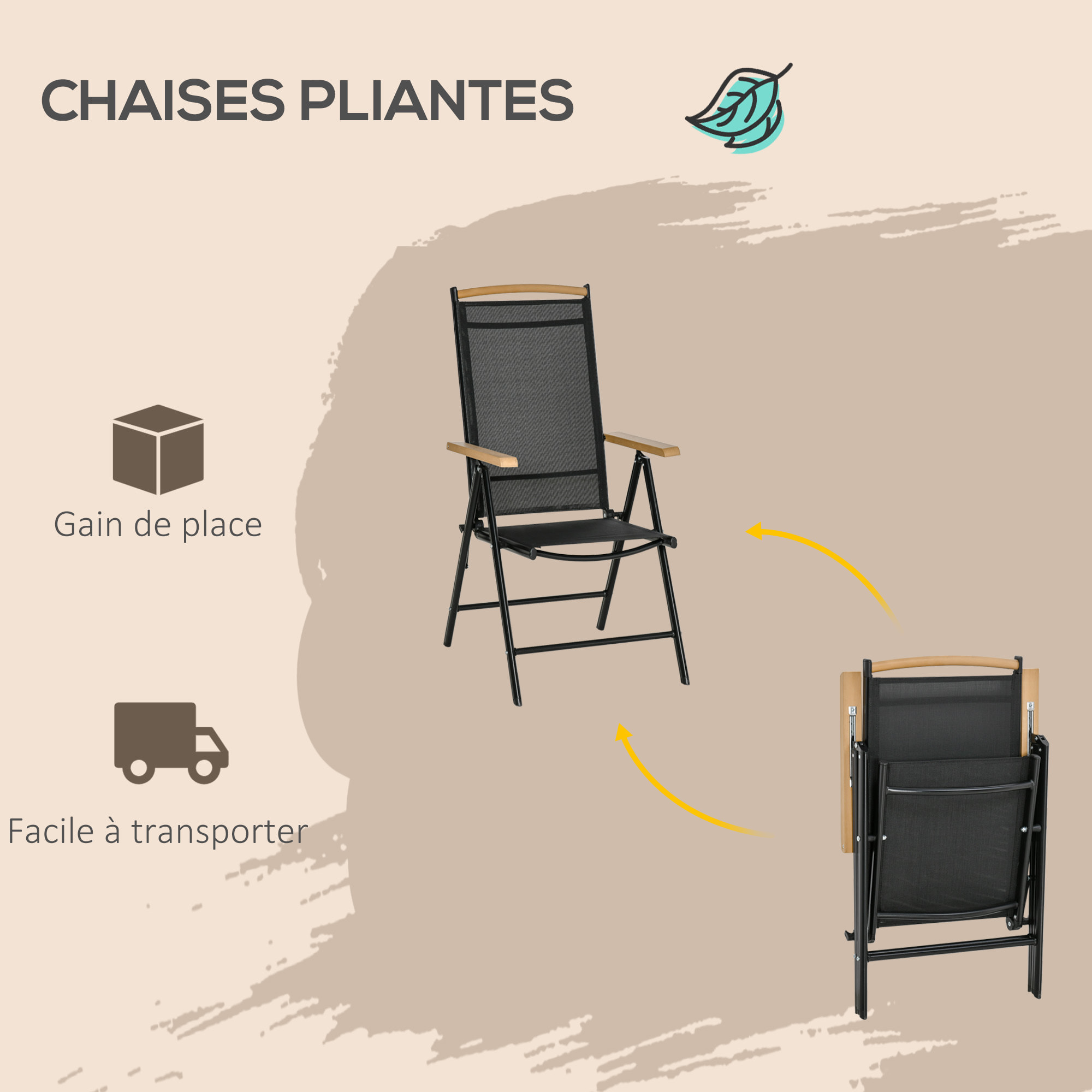Ensemble table de jardin 6 personnes - chaises pliables inclinables accoudoirs - alu textilène noir plastique effet bois