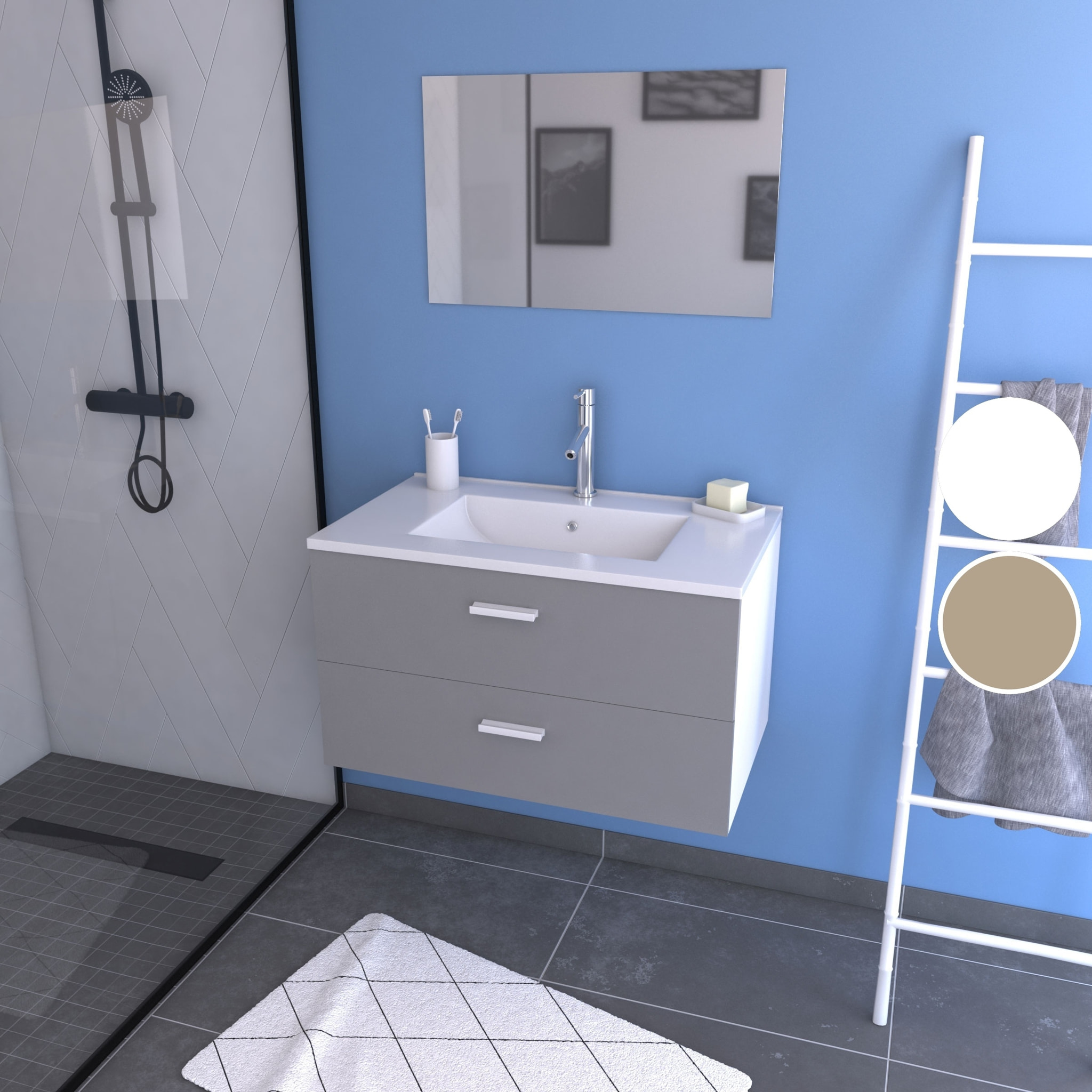 Meuble salle de bain 80 cm suspendu 2 tiroirs Gris avec vasque et miroir - BOX-IN