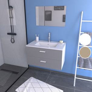 Meuble salle de bain 80 cm suspendu 2 tiroirs Gris avec vasque et miroir - BOX-IN