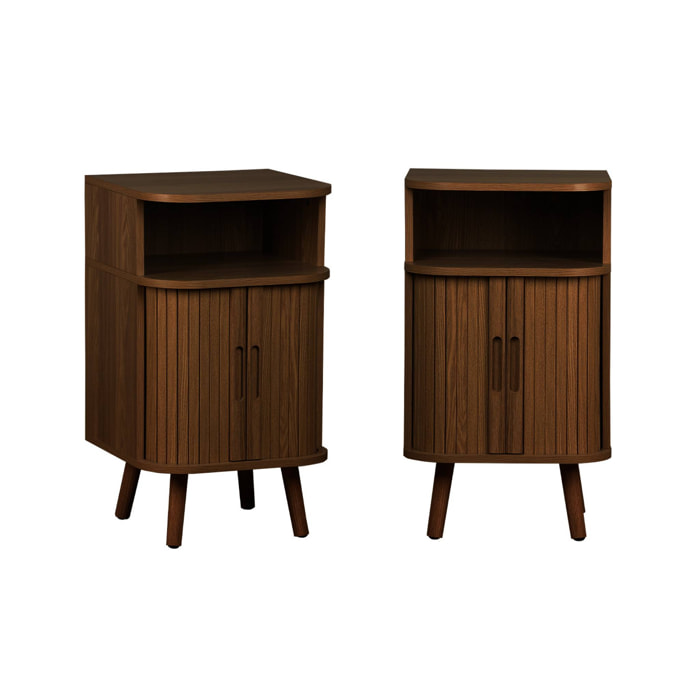 Lot de 2 tables de chevet 2 portes coulissantes + 1 niche effet bois rainuré noyer. L 40 x P 40 x H 70cm