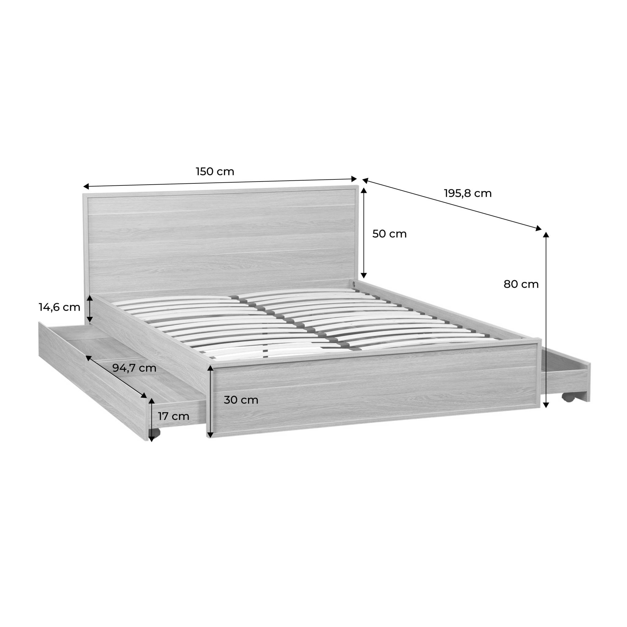 Lit avec sommier à lattes et tête de lit 140 x 190cm + 4 tiroirs décor bois KUBA