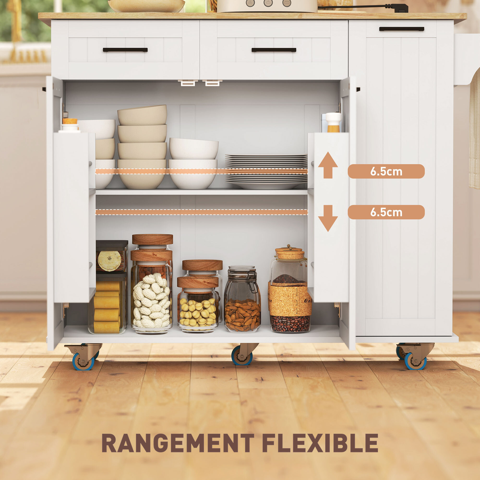 Desserte îlot central de cuisine  multi-rangement - prises secteur, ports USB - blanc effet bois clair