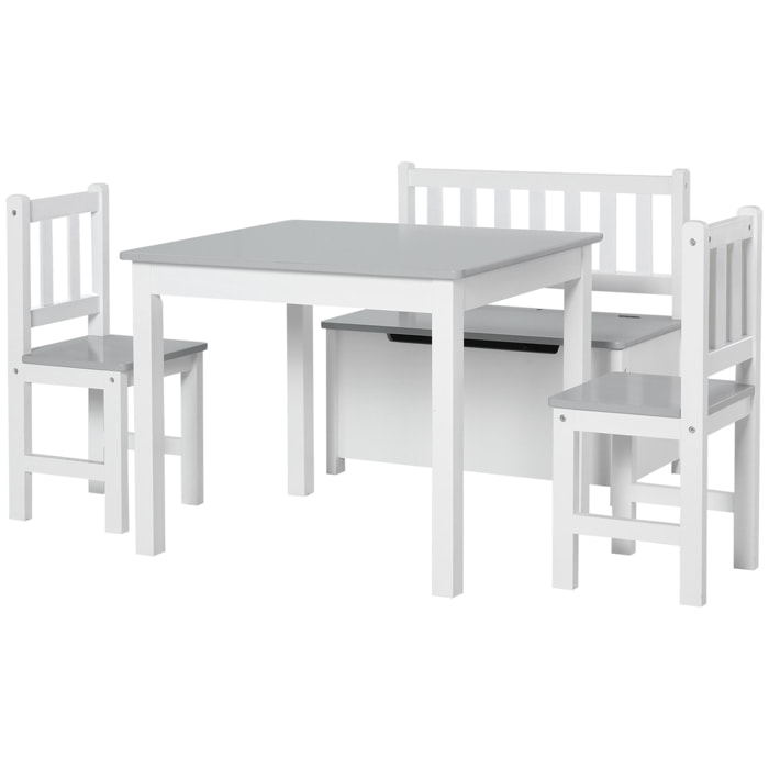 Ensemble de table et chaises enfant - set de 4 pièces - table, 2 chaises, banc coffre 2 en 1 - MDF pin blanc gris