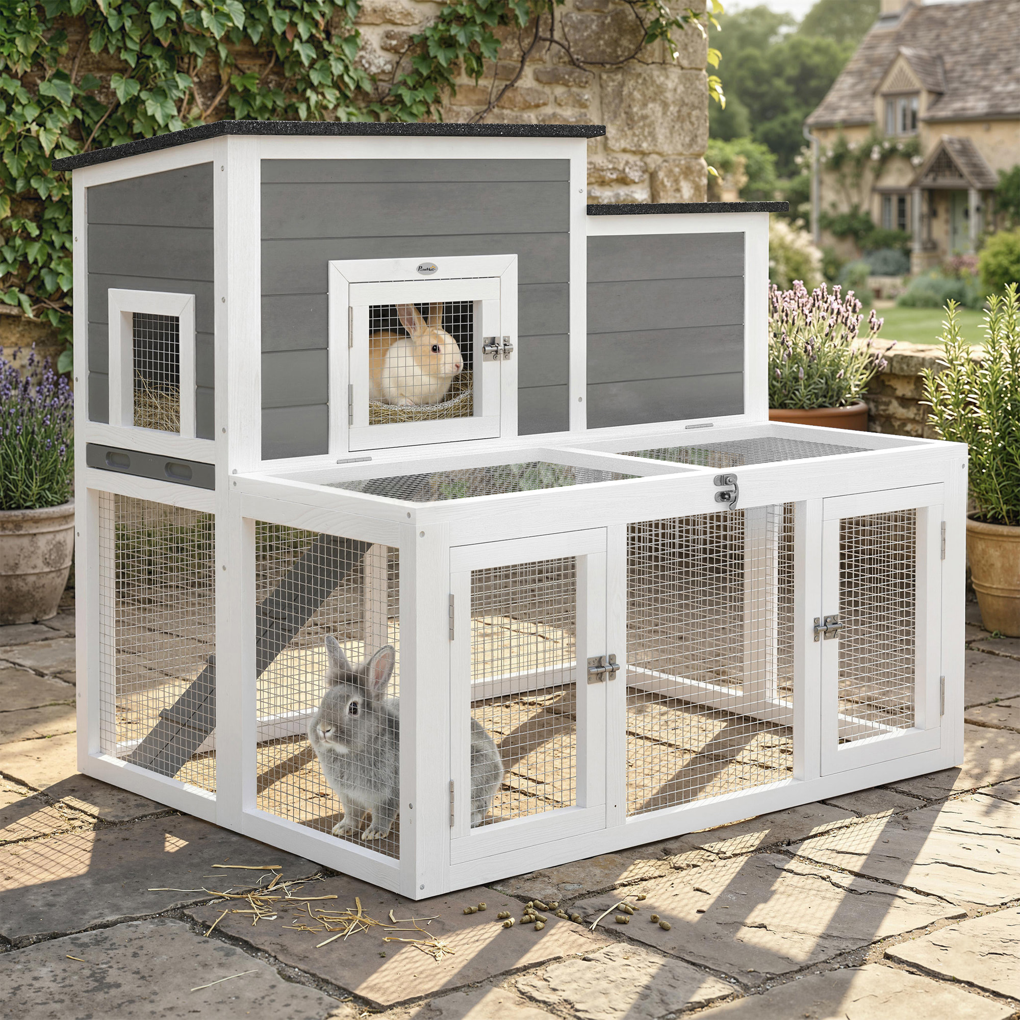 Clapier niche haute double toit ouvrant rampe enclos 3 portes bois blanc gris