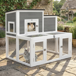 Clapier niche haute double toit ouvrant rampe enclos 3 portes bois blanc gris