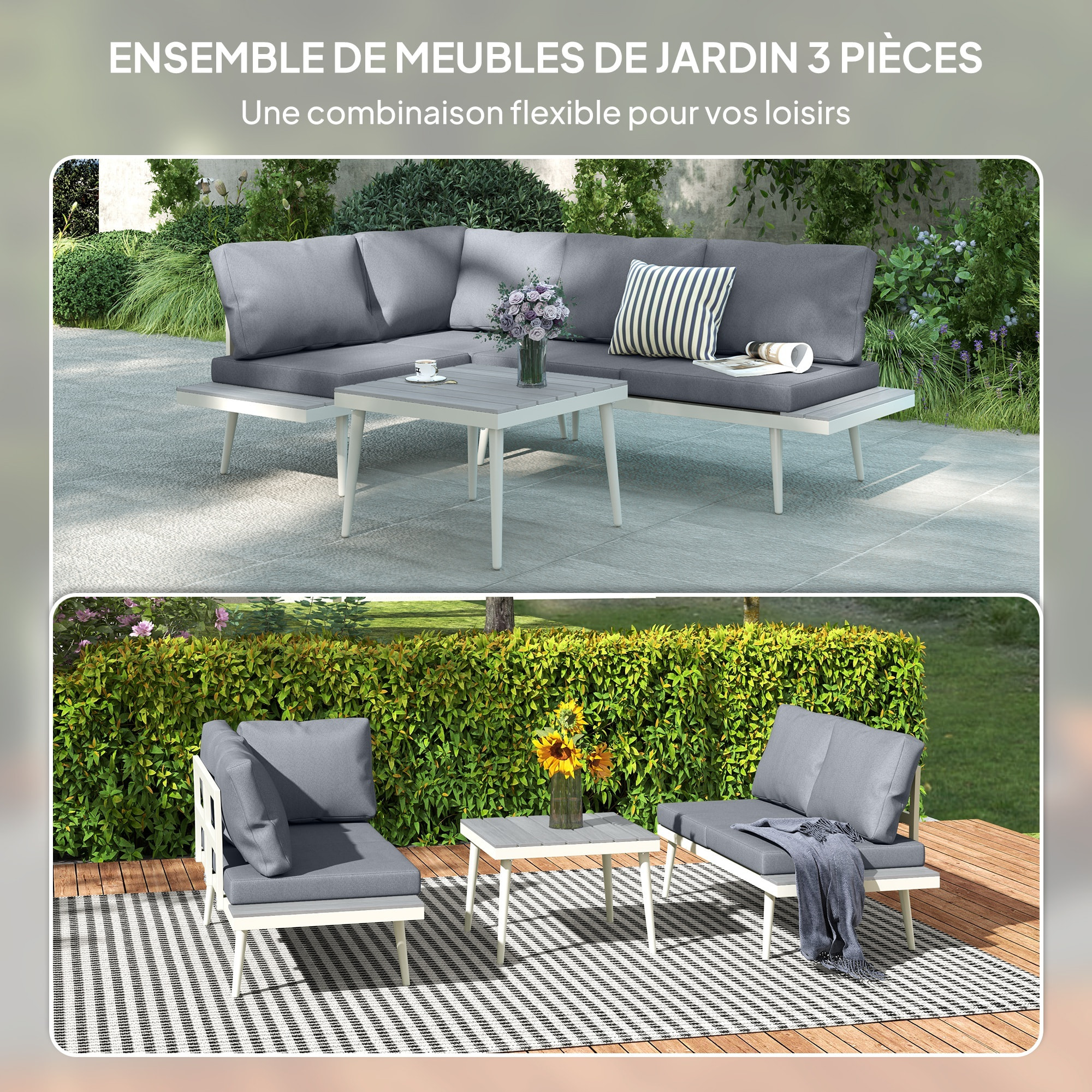 Ensemble salon de jardin modulable 4 personnes 3 pièces design métal crème coussins gris