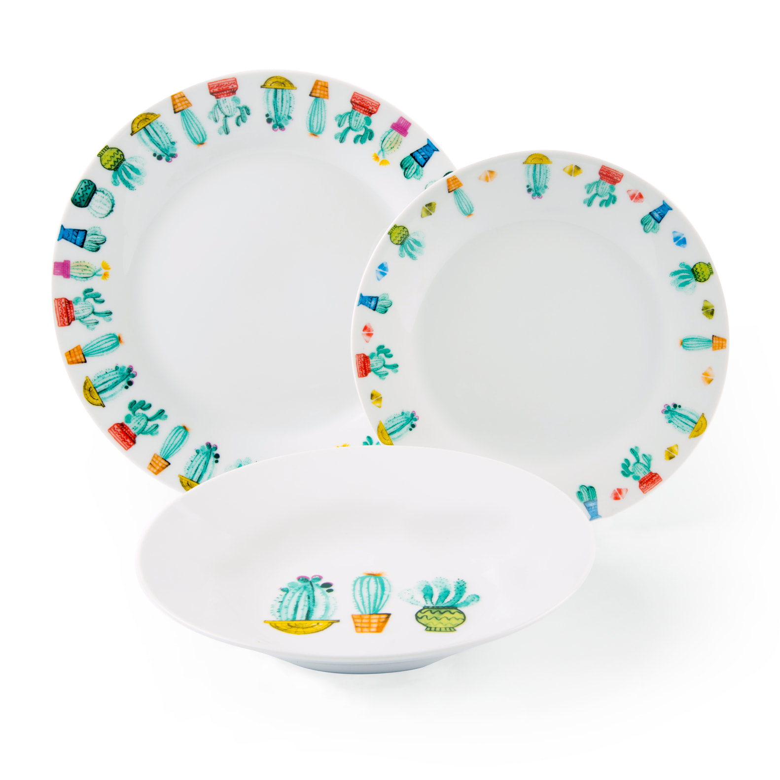 Service 18 assiettes Excelsa Cactus, porcelaine, multicolore